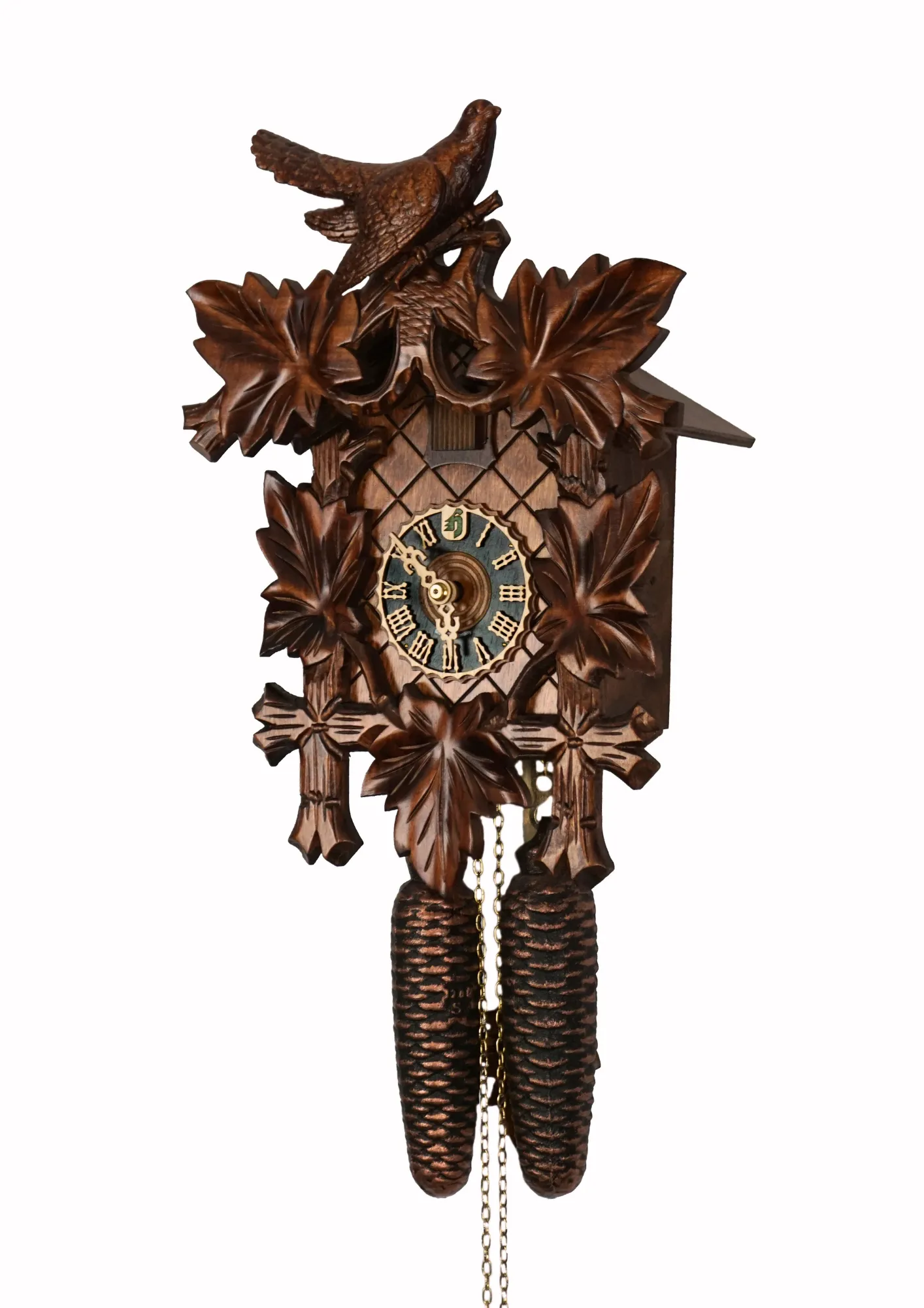 Cuckoo Clock  Traditional, Bird on Top  8 Day Movement (2) Traditional brown mechanical black forest cuckoo clock decorated with wine leave and very precisely carved cuckoo bird, made by Hönes