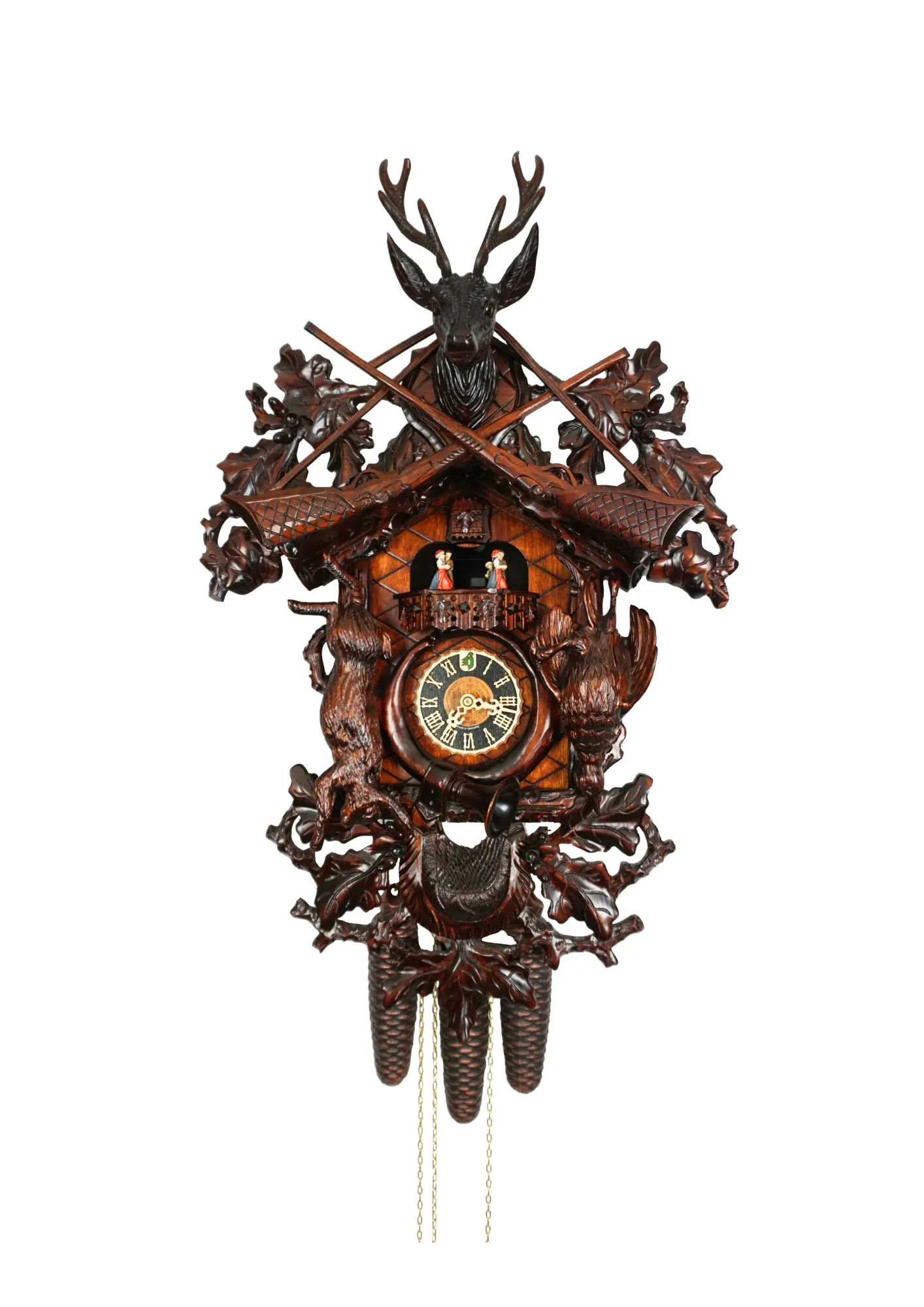 Beautifuly hand carve black forest huting themed cuckoo clock in brown color, decorated with the trophy deer head, guns, phasan and the rabbit. The clocks dial is wrapped with the hunting horn and beneath it hangs the haunting pouch. Made by Hönes