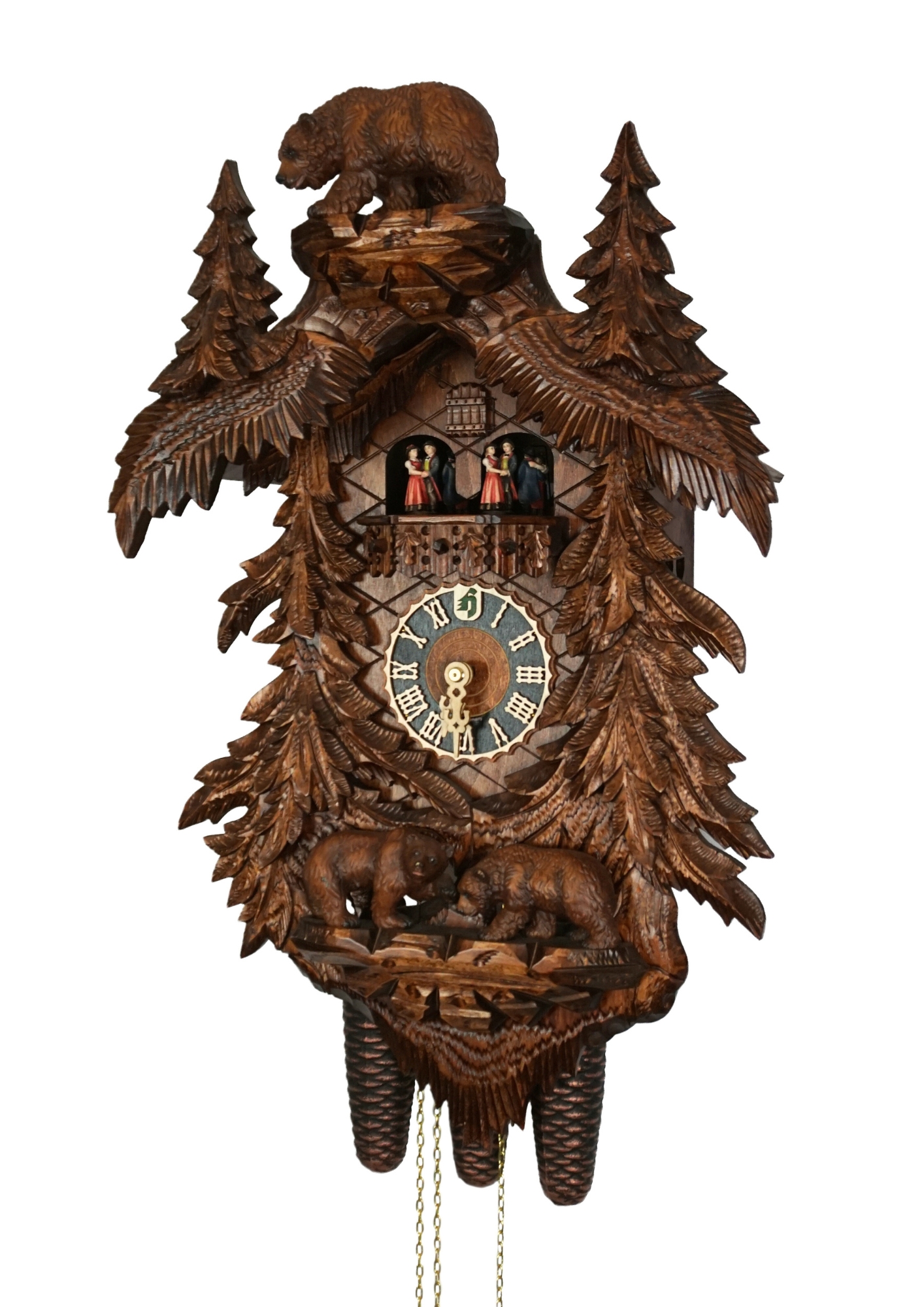 Cuckoo Clock  Bears and Pine Trees  8 Day Movement with Music (2) Mechanical 8 day large brown black forest cuckoo clock with brown bears and the pine trees. Plays music on the full hour and the dancers dance with the music.