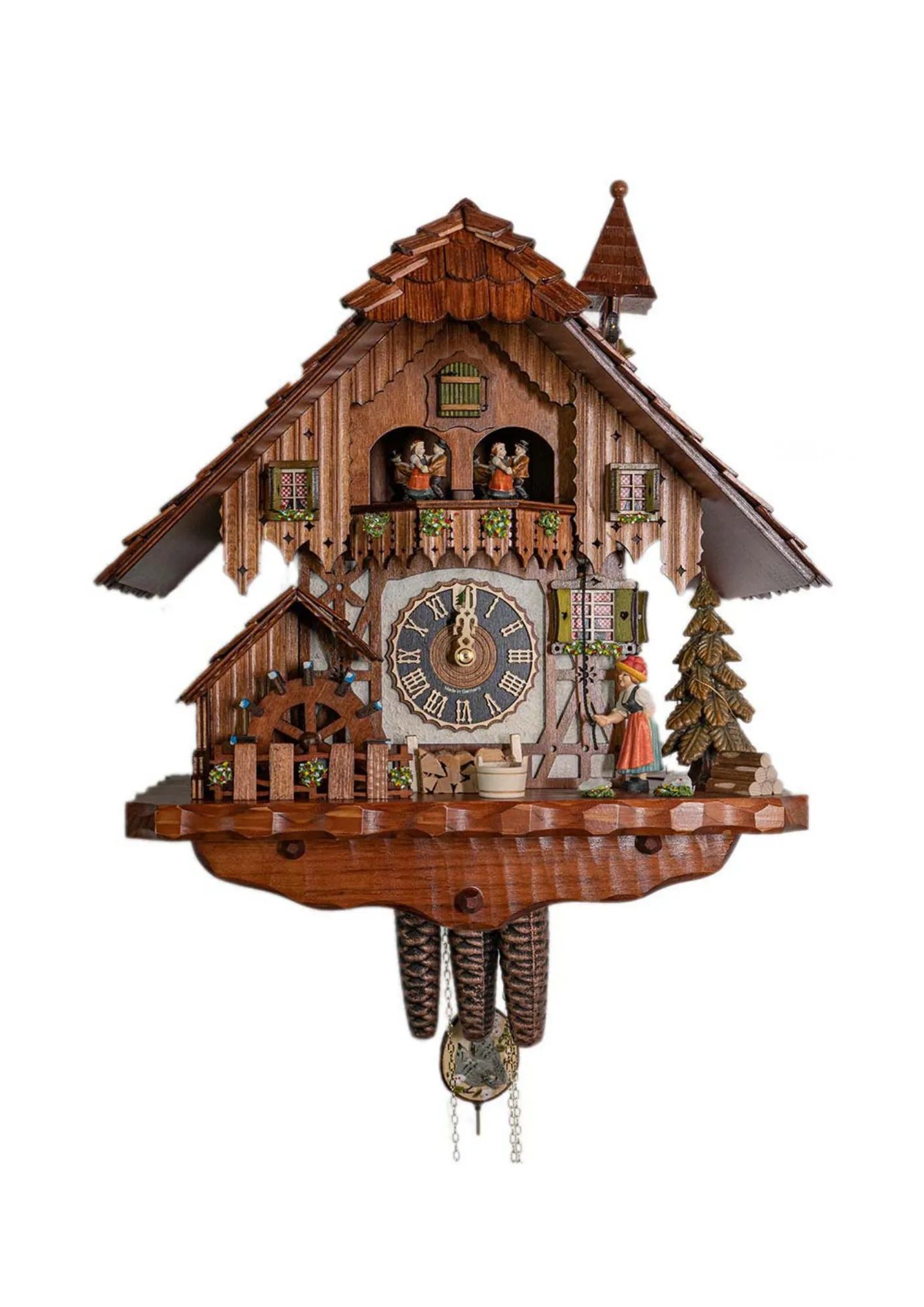 Cuckoo Clock  Bell Ringer, Cottage House  1 Day Movement  Music (1) Cottage brown-white mechanical black forest cuckoo clock with black forest lady in traditional dress with bollenhut ringing the house bell, while music is being played dancers dance and water wheel turn. made by Hönes