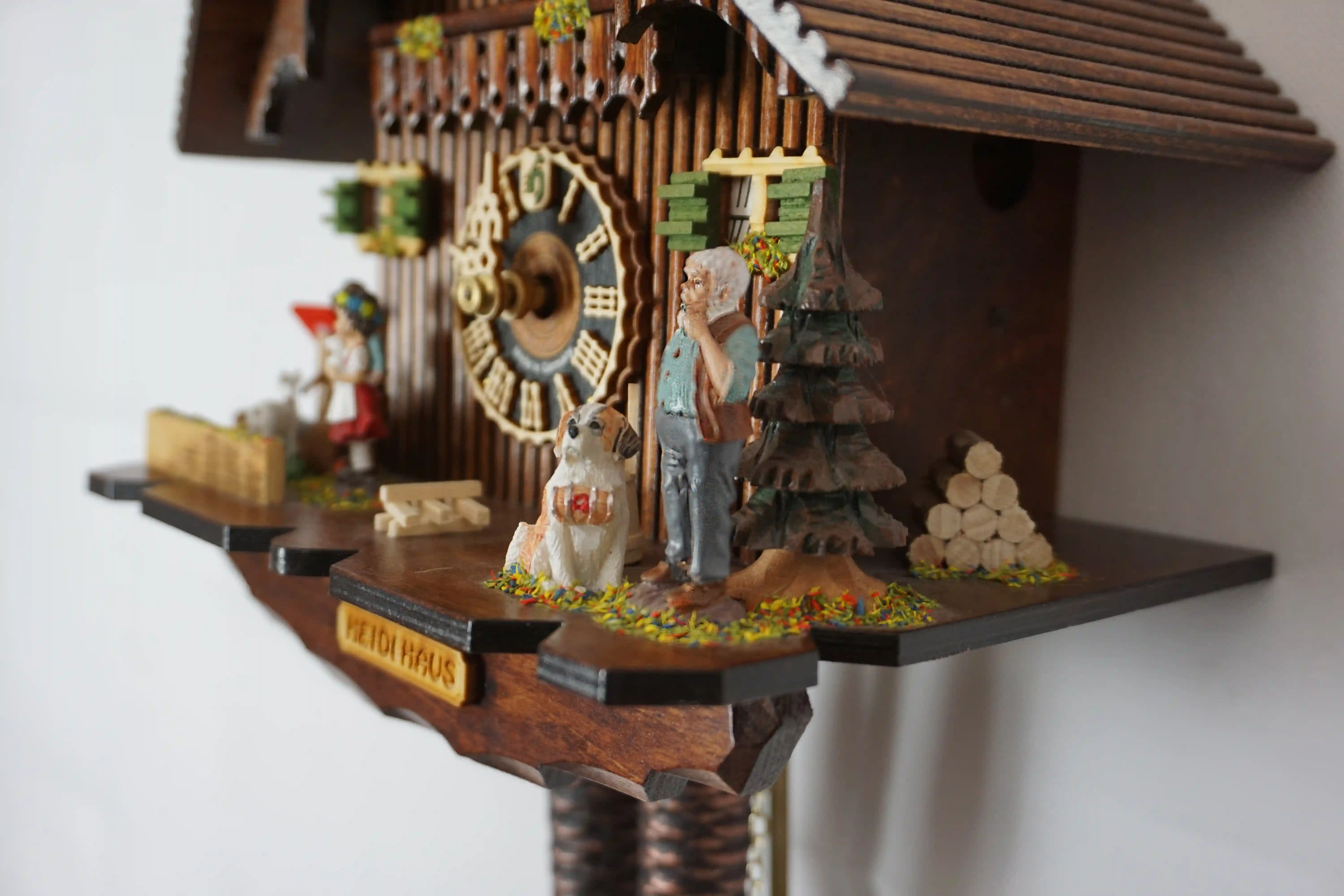 Cuckoo Clock  Heidi House  1 Day Movement (5) Beutiful Heidi storyline black forest cuckoo clock decorated with the main characters from the store and Heidi House sign made by Hönes