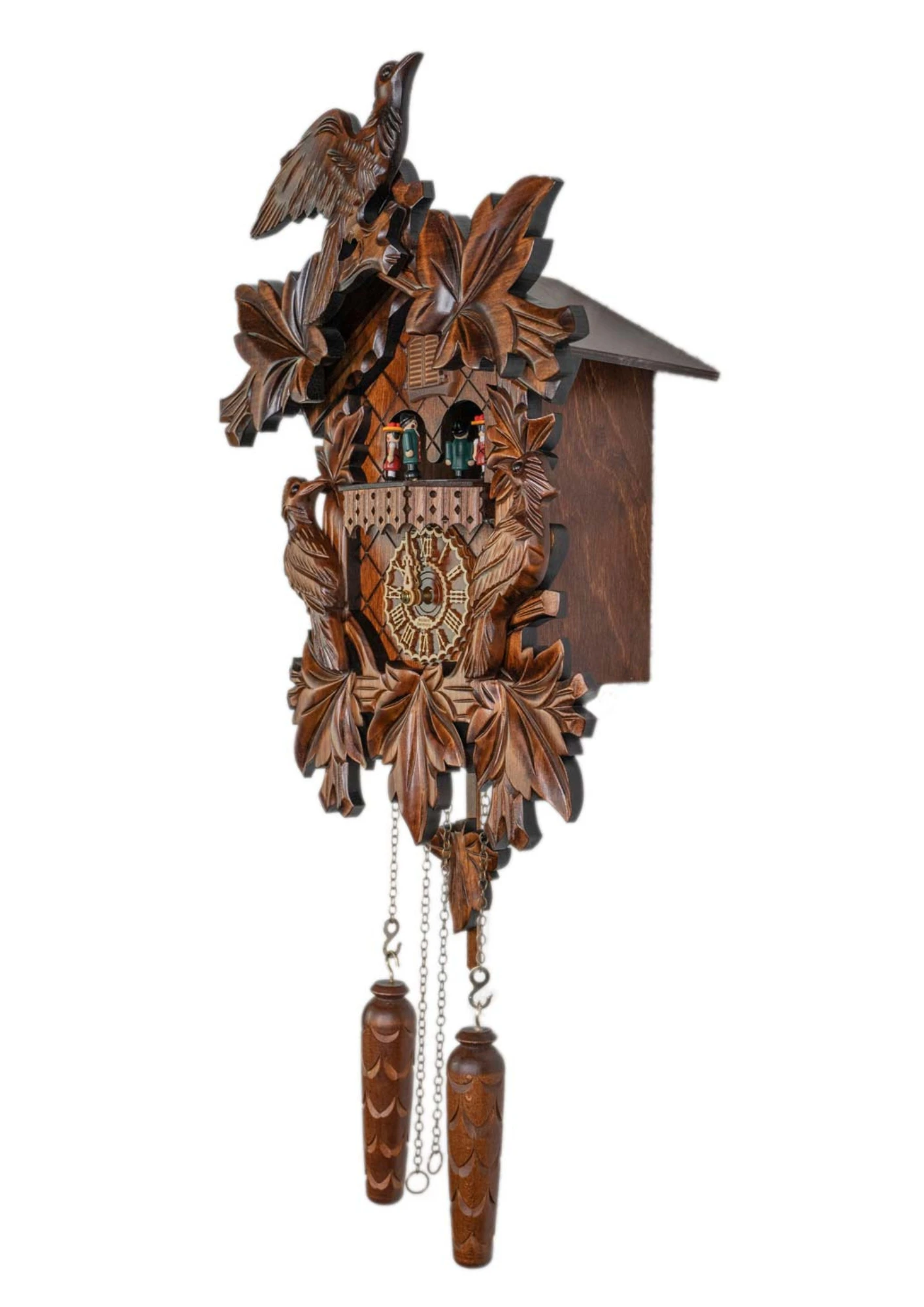 Cuckoo Clock  Traditional Style, Three Birds  Battery (3) traditional style carved cuckoo clock with ivy leaves and three birds decorating the clock, plays music and dancers turn made by Trenkle Uhren