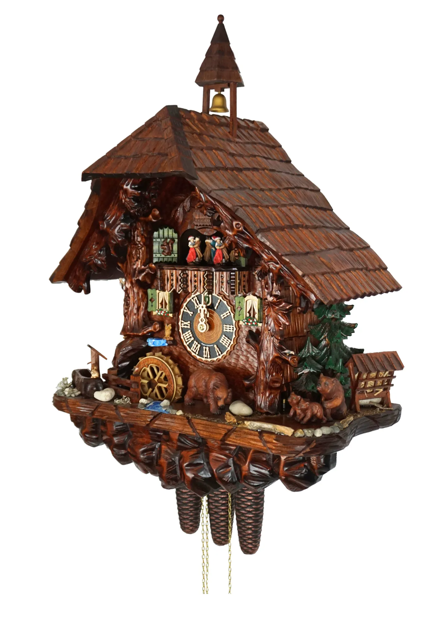 Cuckoo Clock  Brown Bears  8 Day Movement with Music (2) Massive hand carved mechanical 8 day brown cuckoo clock with absolute attention to detail. Clock is decorated with the black forest wildlife such as wood peckers, birds, squirels, deers and brown bears. Absolute stunning piece of art made by Hönes