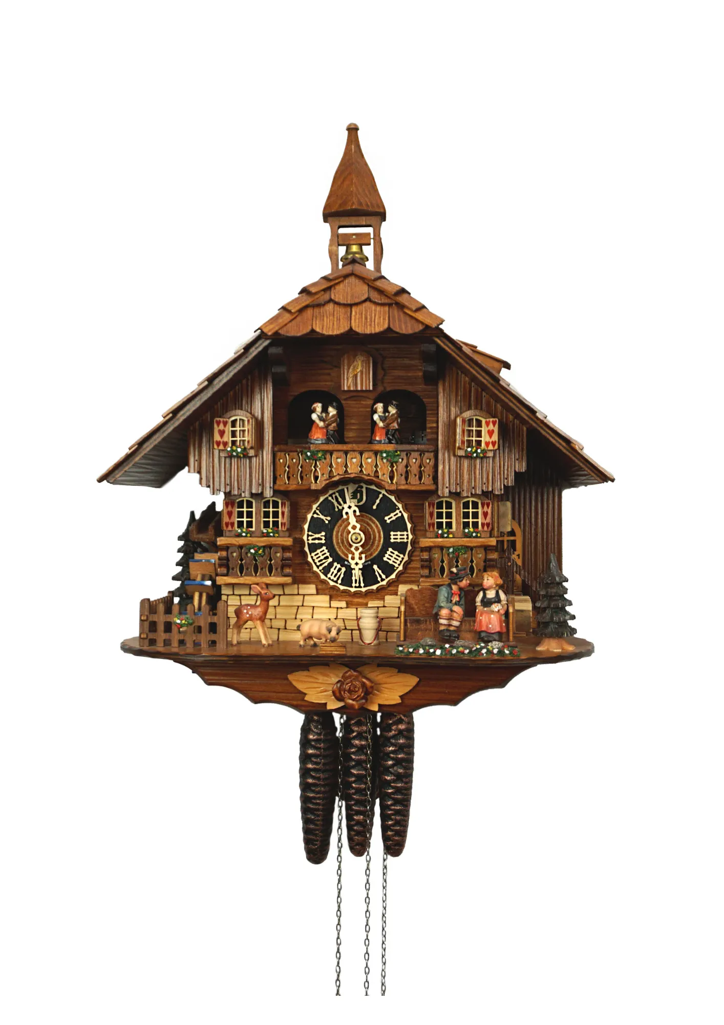 Mechanical black forest cuckoo clock decorated to the finest detail, representing a couple on honeymoon sitting on the bench in front of the chalet house sliding thowards each other for a kiss while the music plays, dancers and waterwheel turn