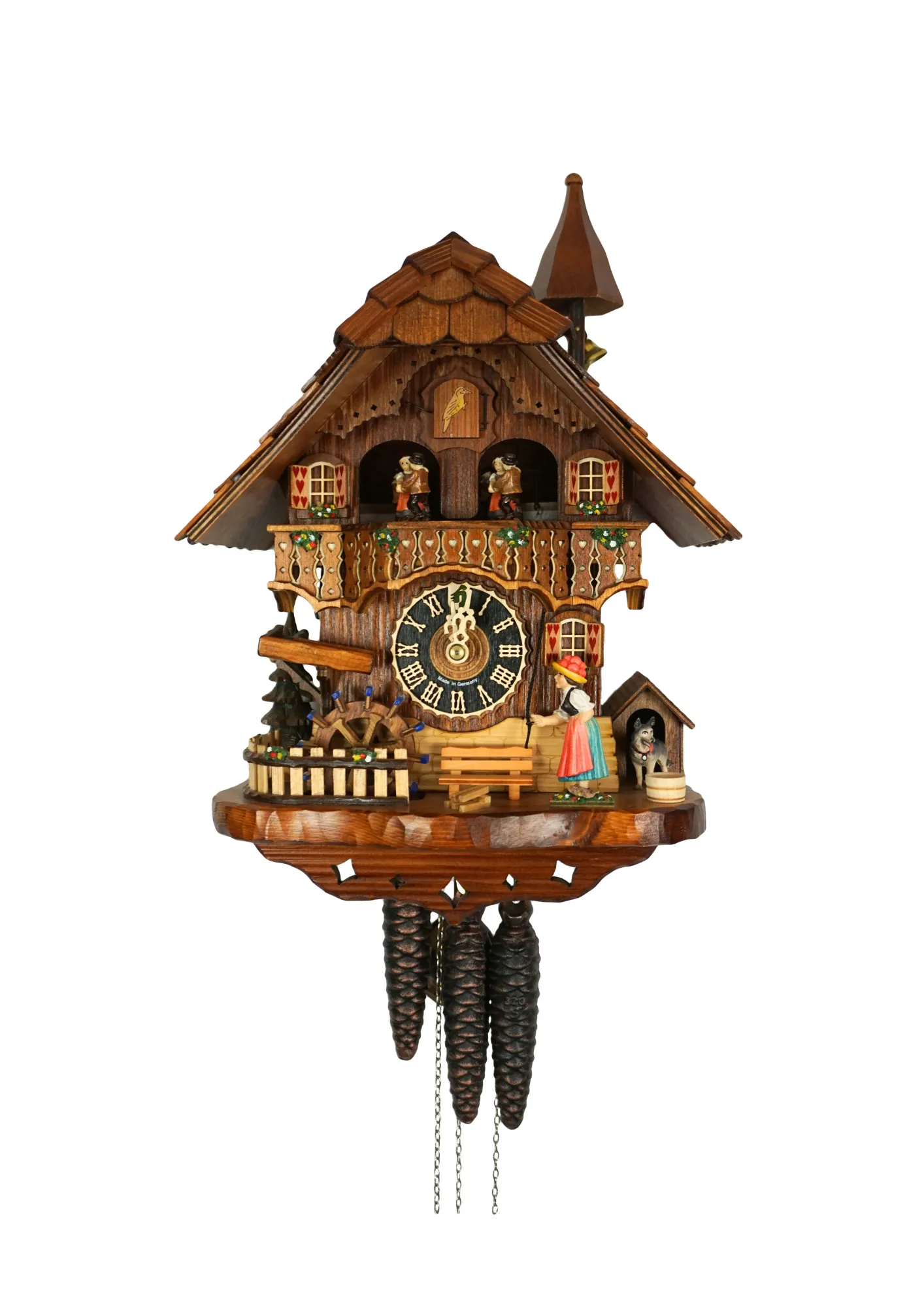 Cuckoo Clock  Bell Ringer  1 Day Movement  Music (1) Chalet style authentic mechanical black forest cuckoo clock with shingle roof, church tower bell and black forest lady wearing traditional clothing, the lady rings the bell together with the cuckoo sound, music plays dancers dance and water wheel turns
