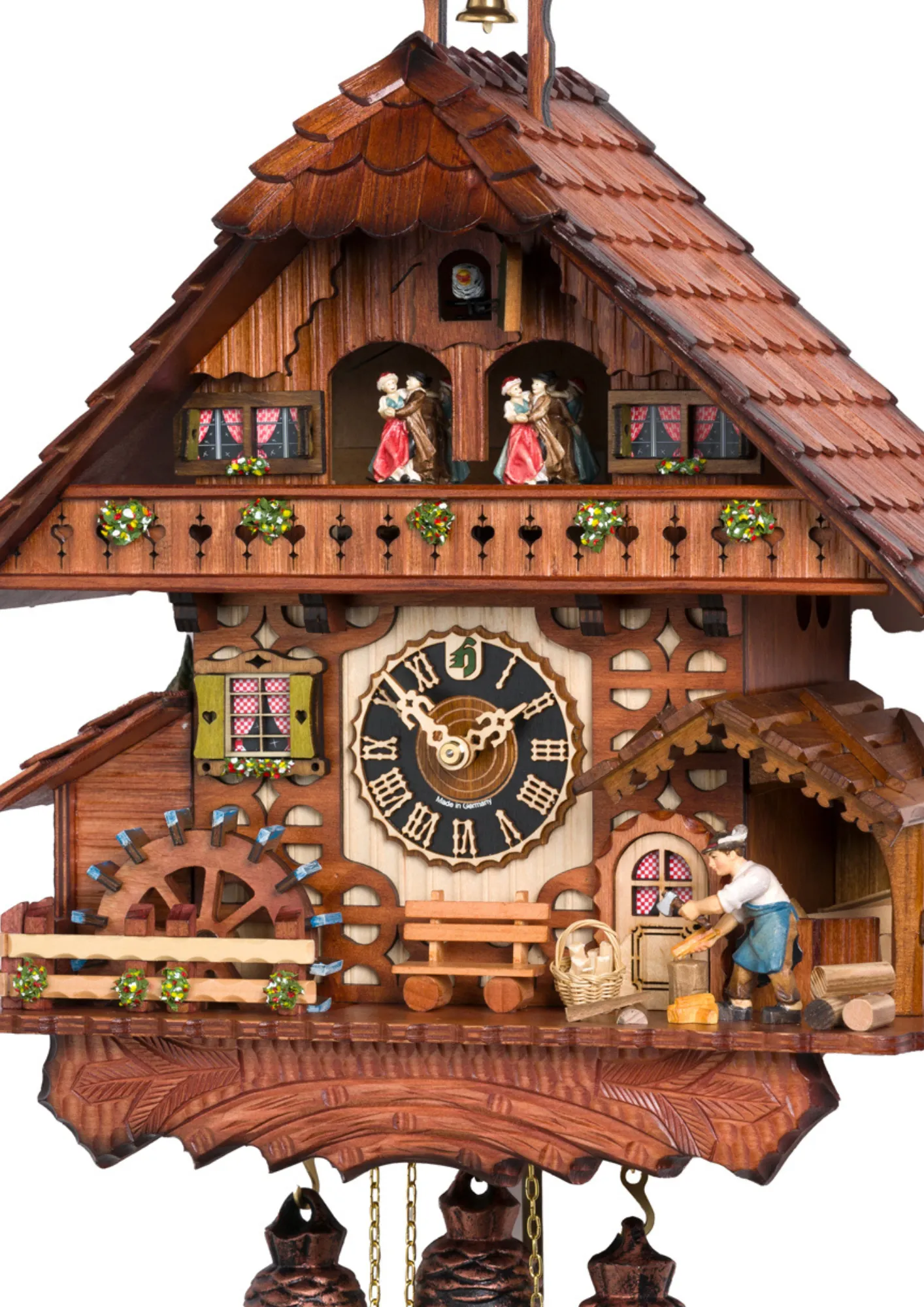 Cuckoo Clock  Cottage Wood Chopper  8 Day Movement with Music (2) Cottage house black forest mechanical cuckoo clock with a wood chopper who chopps the wood as the music plays, water wheel turn and the dancers dance. Automatic night off system with 8 day movement