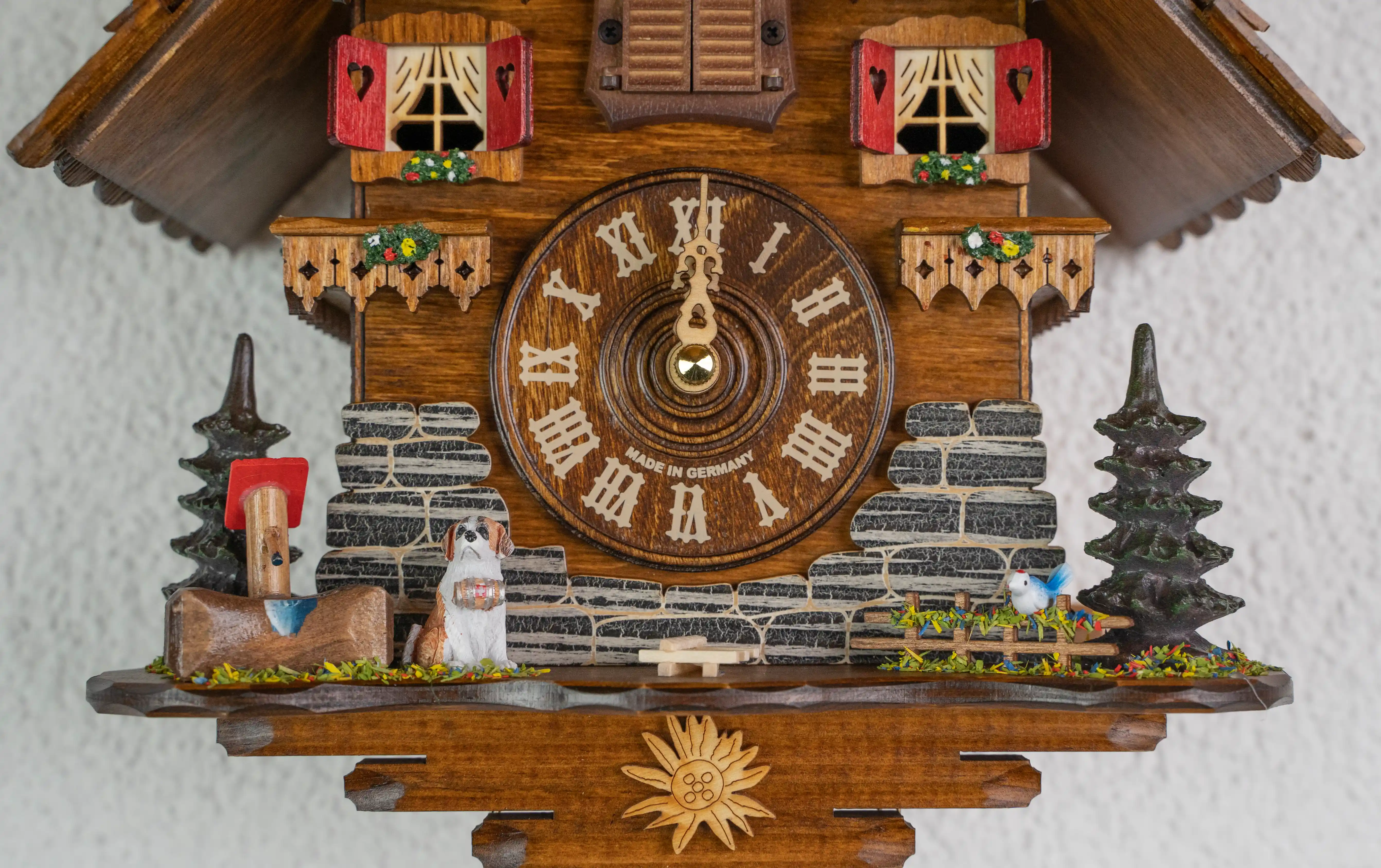 Cuckoo Clock  Chalet with St. Bernard  Battery (5) Souvenir battery chalet cuckoo clock with st. bernard plays music made by Trenkle Uhren