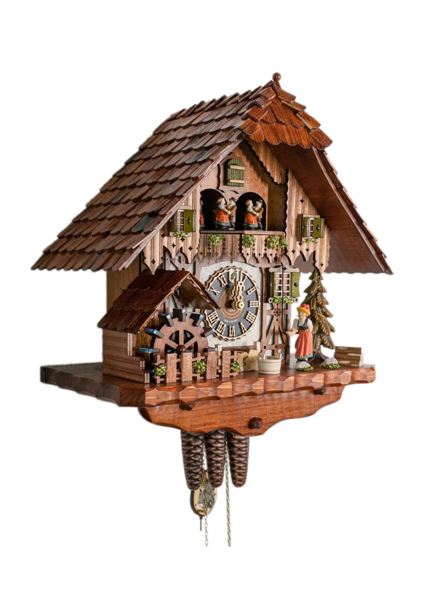Cuckoo Clock  Bell Ringer, Cottage House  1 Day Movement  Music (2) Cottage brown-white mechanical black forest cuckoo clock with black forest lady in traditional dress with bollenhut ringing the house bell, while music is being played dancers dance and water wheel turn. made by Hönes