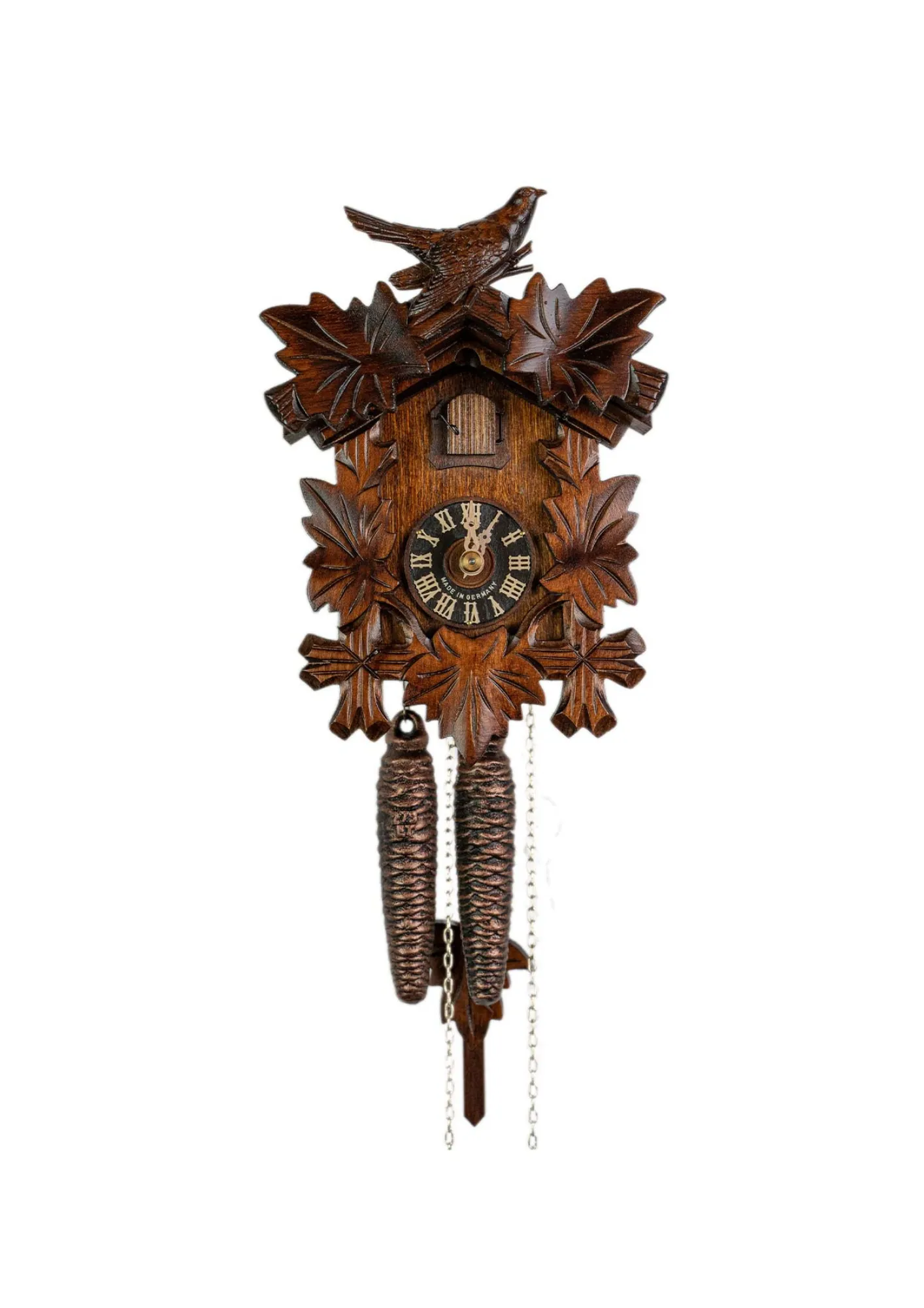 Cuckoo Clock  Small Traditional Style  1 Day Movement (1) original authentic tiny brown black forest cuckoo clock with a cuckoo bird on top made by Hönes