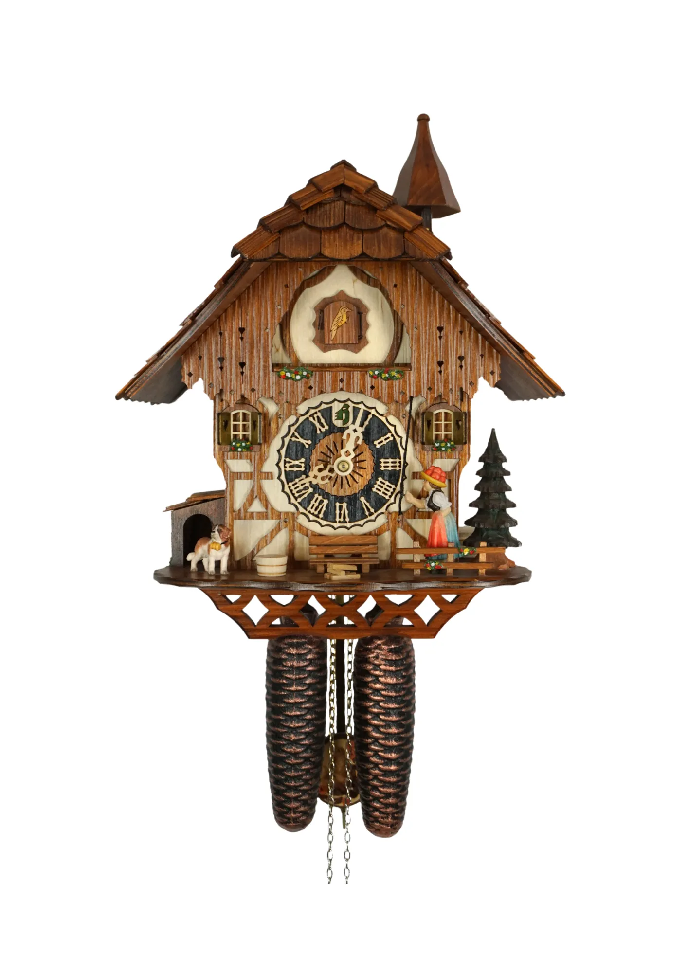 Chalet authentic black forest cuckoo clock with a bell ringer lady wearing traditional black forest dress and the red bolenhut, which means she is single lady. Black bolenhut represent married ladies. Colorful made by Hönes