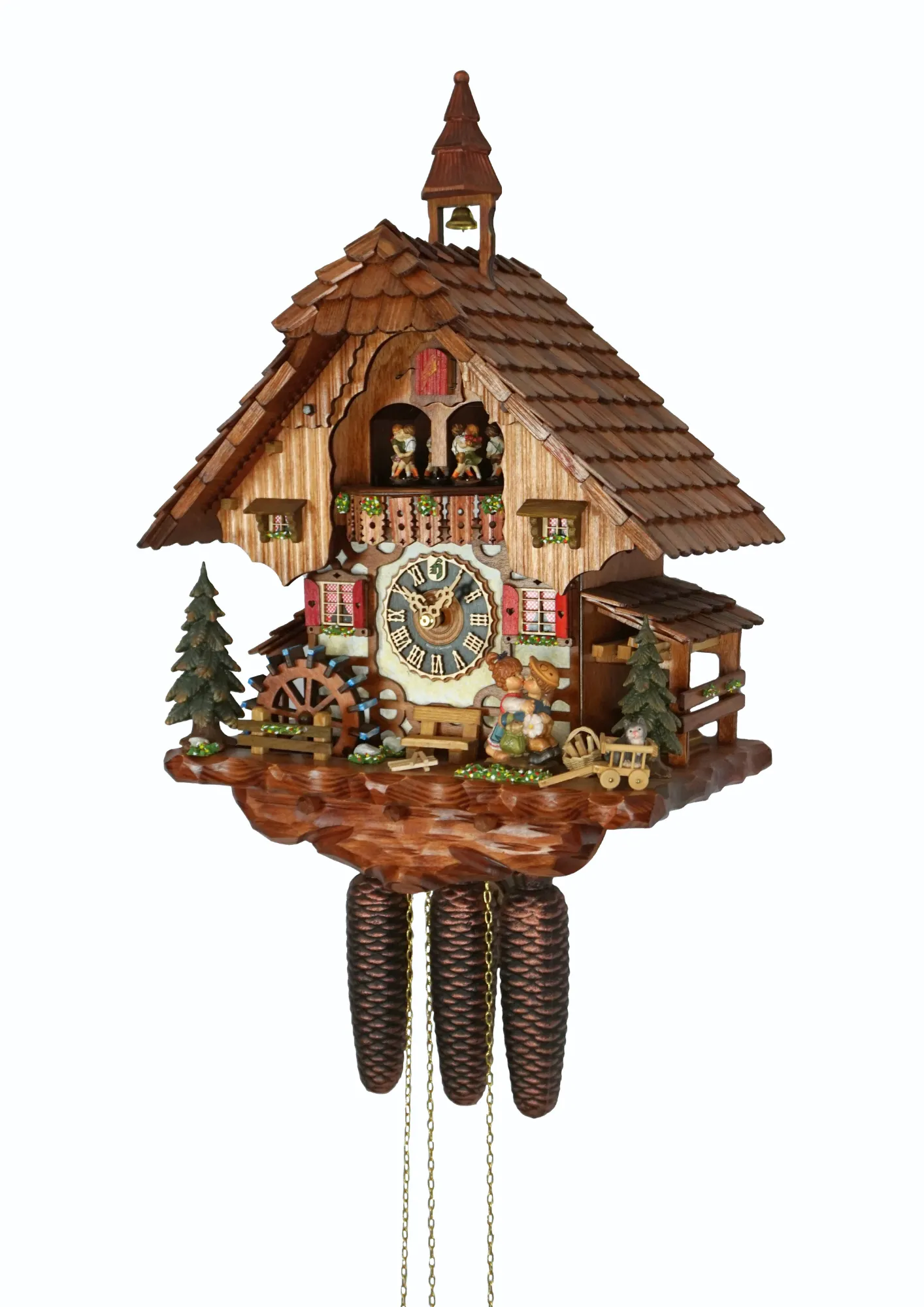 Cuckoo Clock  Kissing Kids  8 Day Movement with Music (2) Chalet shingle roof mechanical black forest cuckoo clock with presice attention to detail. The kids are turning their heads and kissing, water wheel turns and the dancers are dancing as the music is playing