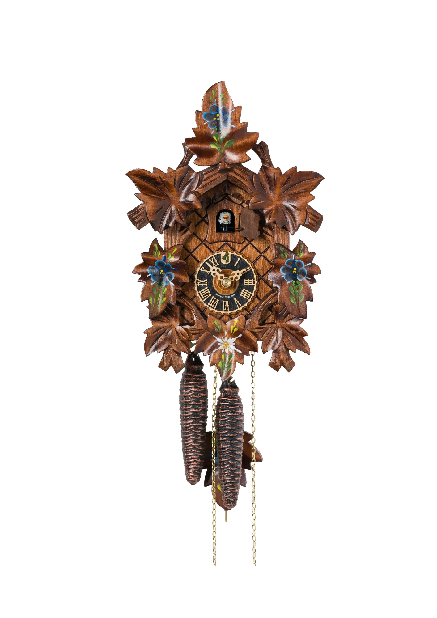 Cuckoo Clock Traditional Style with Painted Flowers 1 Day (1) Small hand carved mechanical authentic black forest cuckoo clock with hand painted edelweiss and forget me not flowers made by Hönes