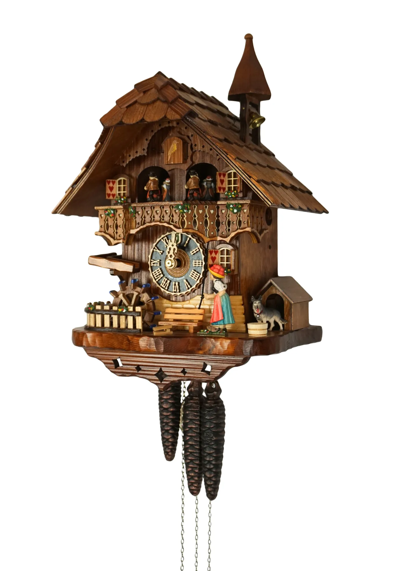 Cuckoo Clock  Bell Ringer  1 Day Movement  Music (2) Chalet style authentic mechanical black forest cuckoo clock with shingle roof, church tower bell and black forest lady wearing traditional clothing, the lady rings the bell together with the cuckoo sound, music plays dancers dance and water wheel turns