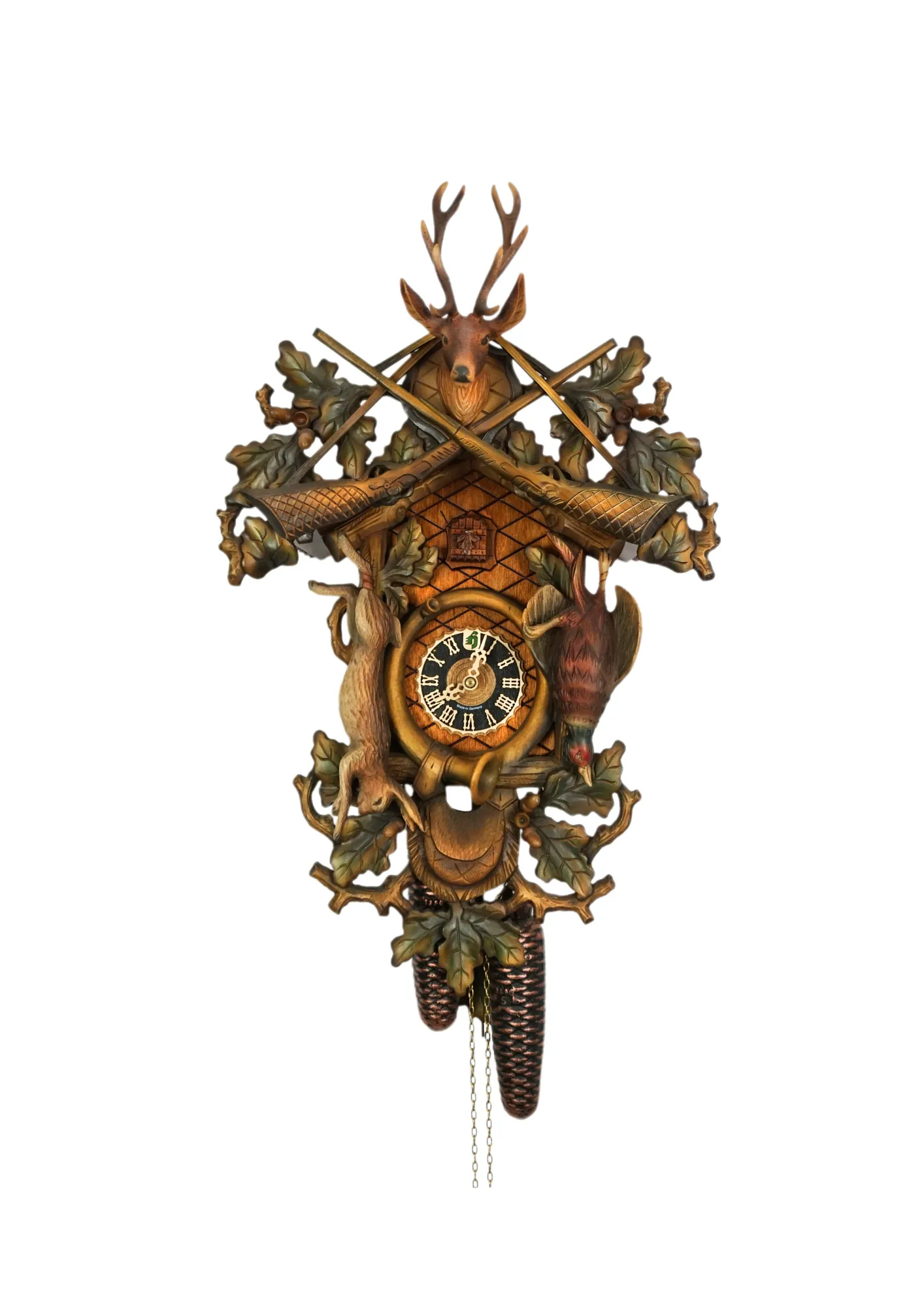 Cuckoo Clock  Hunter Style, Colored  8 Day Movement (1) beautiful colorful hand carved traditional style hunter clock spray painted to the finest detail, decorated with rabbit, phasan and deer head as hauting trophies made by Hönes
