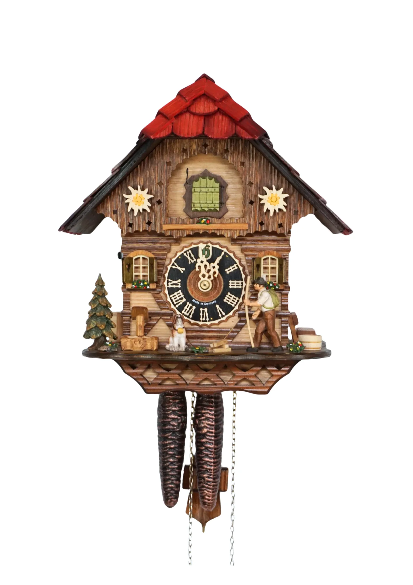 Cuckoo Clock  Hiker  1 Day Movement (1) Chalet style red roof beautiful black forest cuckoo clock decorated with edelweiss flowers and a hiker who moves his stick with a cuckoo sound made by Hönes