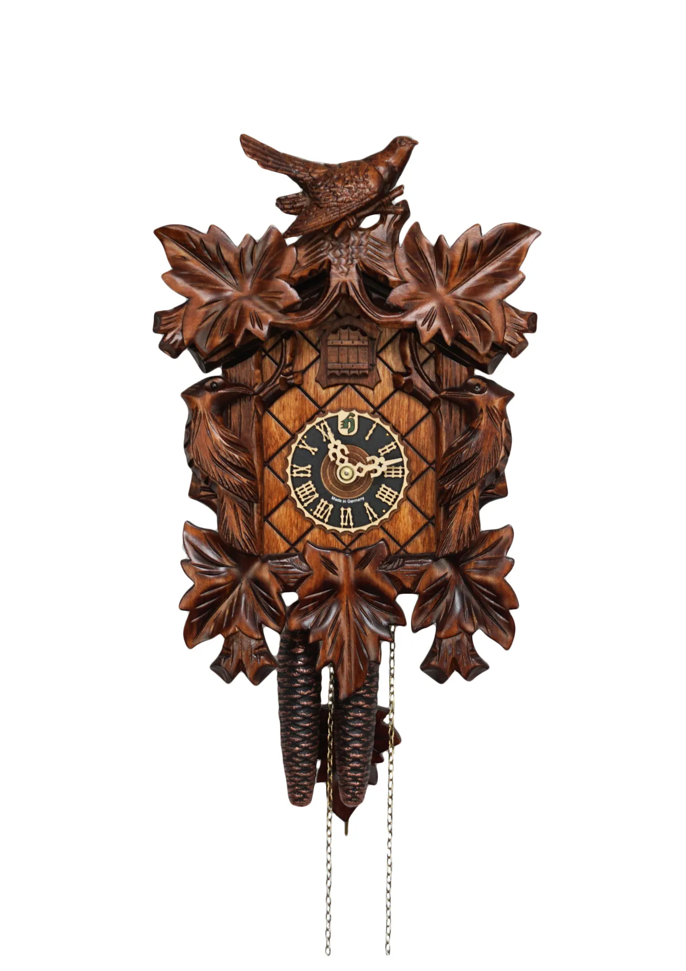 Cuckoo Clock  Traditional Style, Three Birds  1 Day Movement (1) Authentic brown mechanical black forest cuckoo clock with wood peckers, one day clockwork, made by Hönes