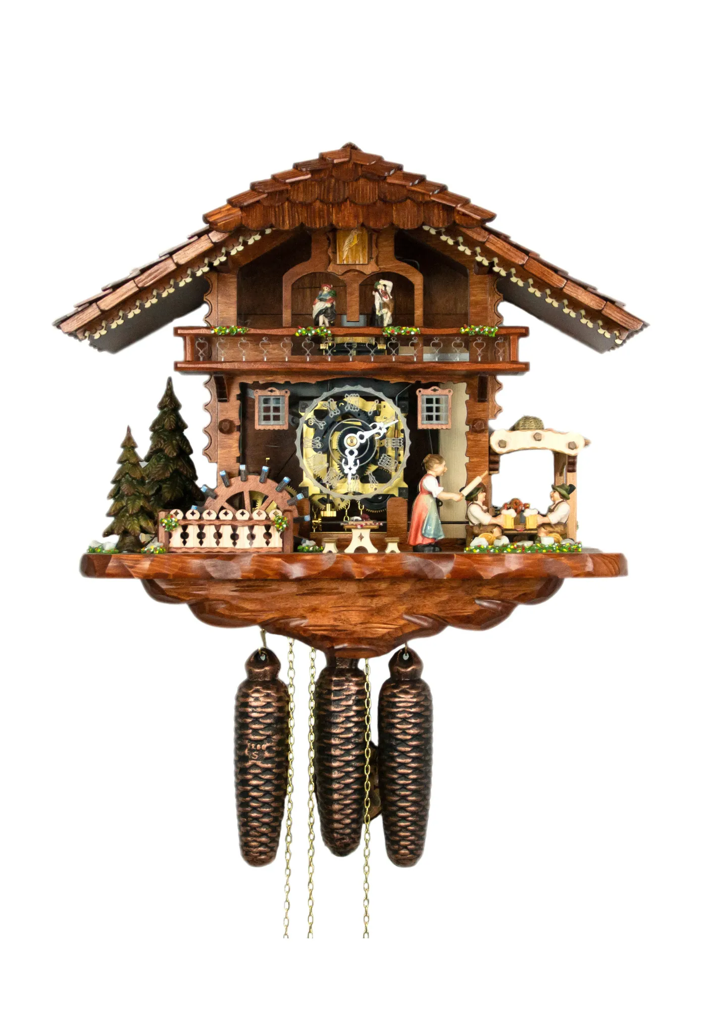 Cuckoo Clocks  Rolling Pan and Beer Drinkers  8 Day Movement with Music (1) Authentic mechanical large coloful black forest cuckoo clock with transparent plexiglass and visible inside movement. It displays two beer drinkers in the beer garden and the lady with a rolling pin. As the music is playing dancers dance, water wheel turn