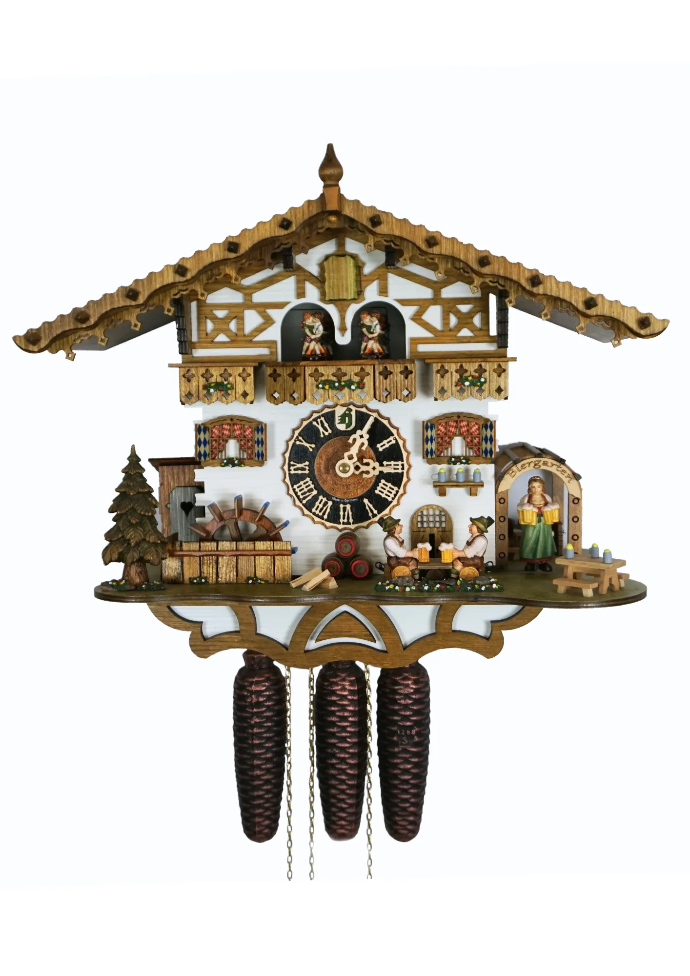 Bavarian-style house to celebrate the infamous Oktoberfest. Blue and white shutters on the windows represent Bavaria. Around the clock, there are two men drinking beer and a lady wearing a dirndl dress, serving. The cuckoo calls every half hour and plays 