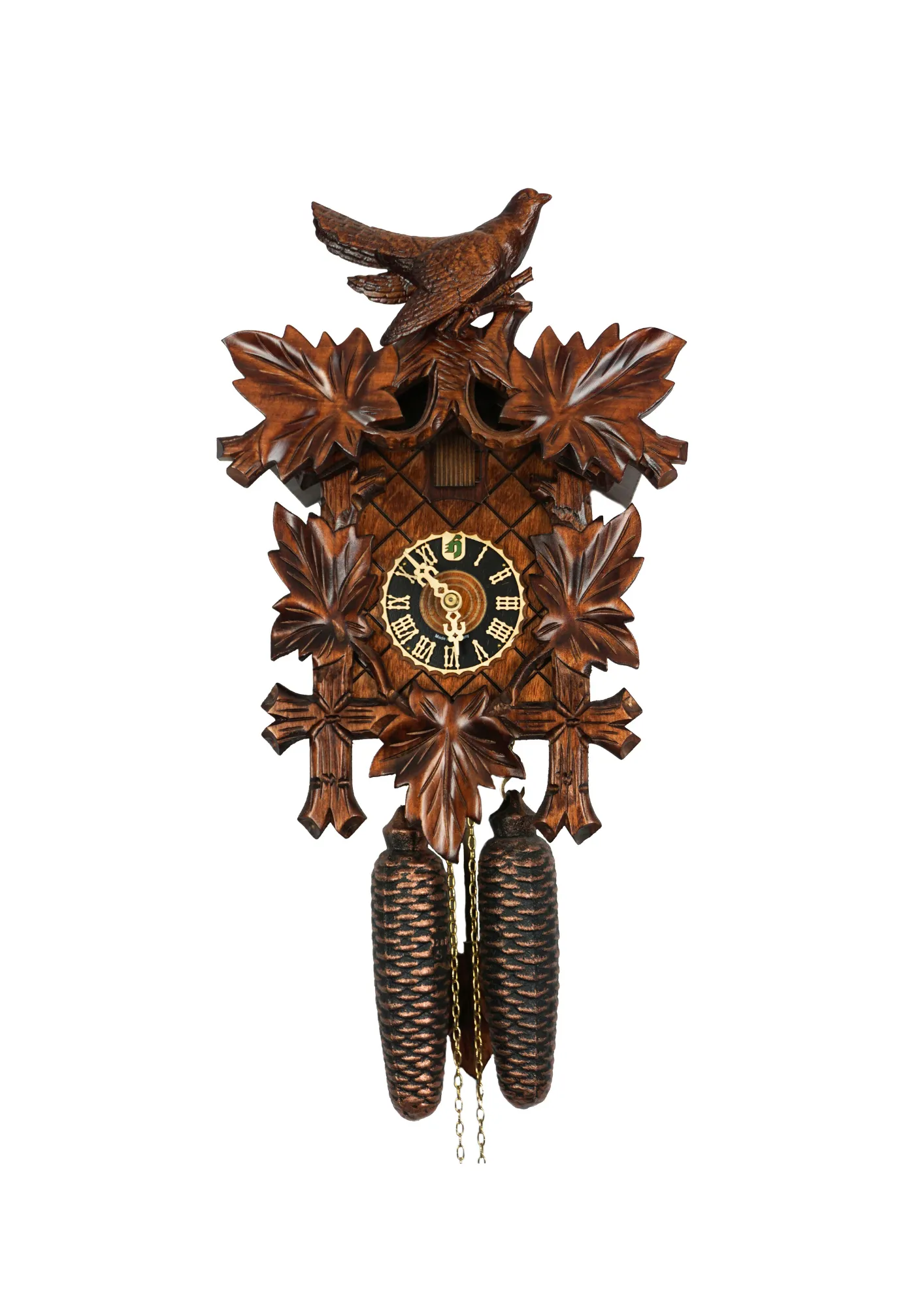 Cuckoo Clock  Traditional, Bird on Top  8 Day Movement (1) Traditional brown mechanical black forest cuckoo clock decorated with wine leave and very precisely carved cuckoo bird, made by Hönes