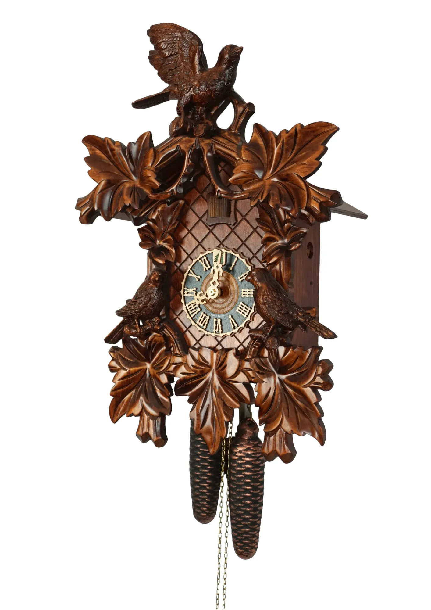 Cuckoo Clock  Traditional, Three Birds  8 Day Movement (2) Brown hand carved mechanical 8 days black forest cuckoo clock with three precisely carved cukoo birds, also covered in wine leaves, made by Hönes