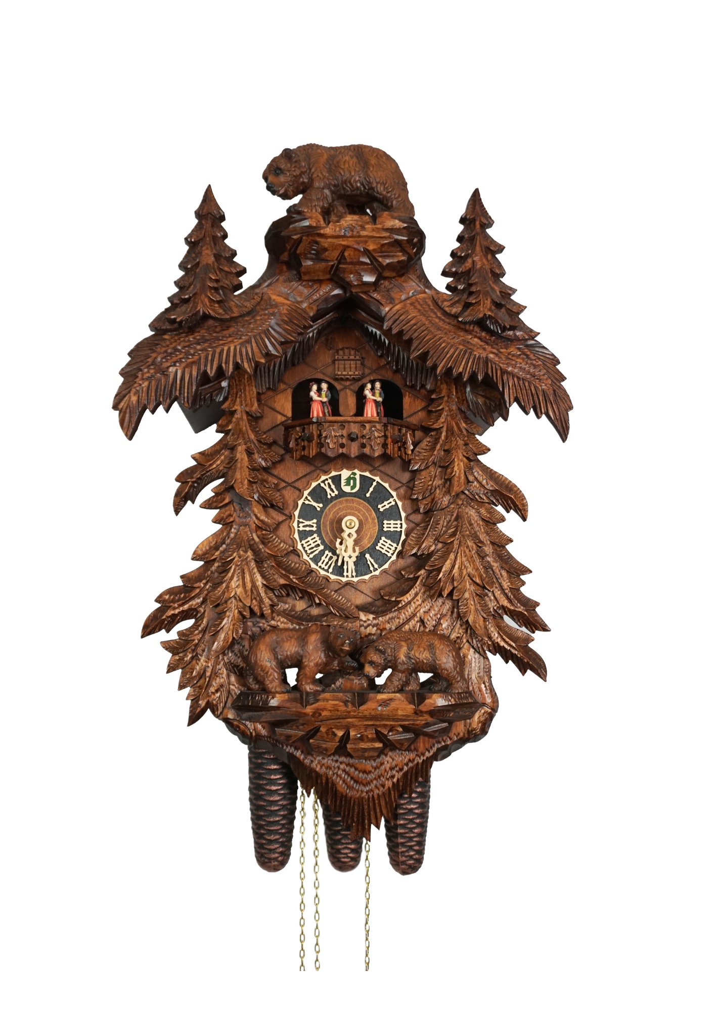 Mechanical 8 day large brown black forest cuckoo clock with brown bears and the pine trees. Plays music on the full hour and the dancers dance with the music.