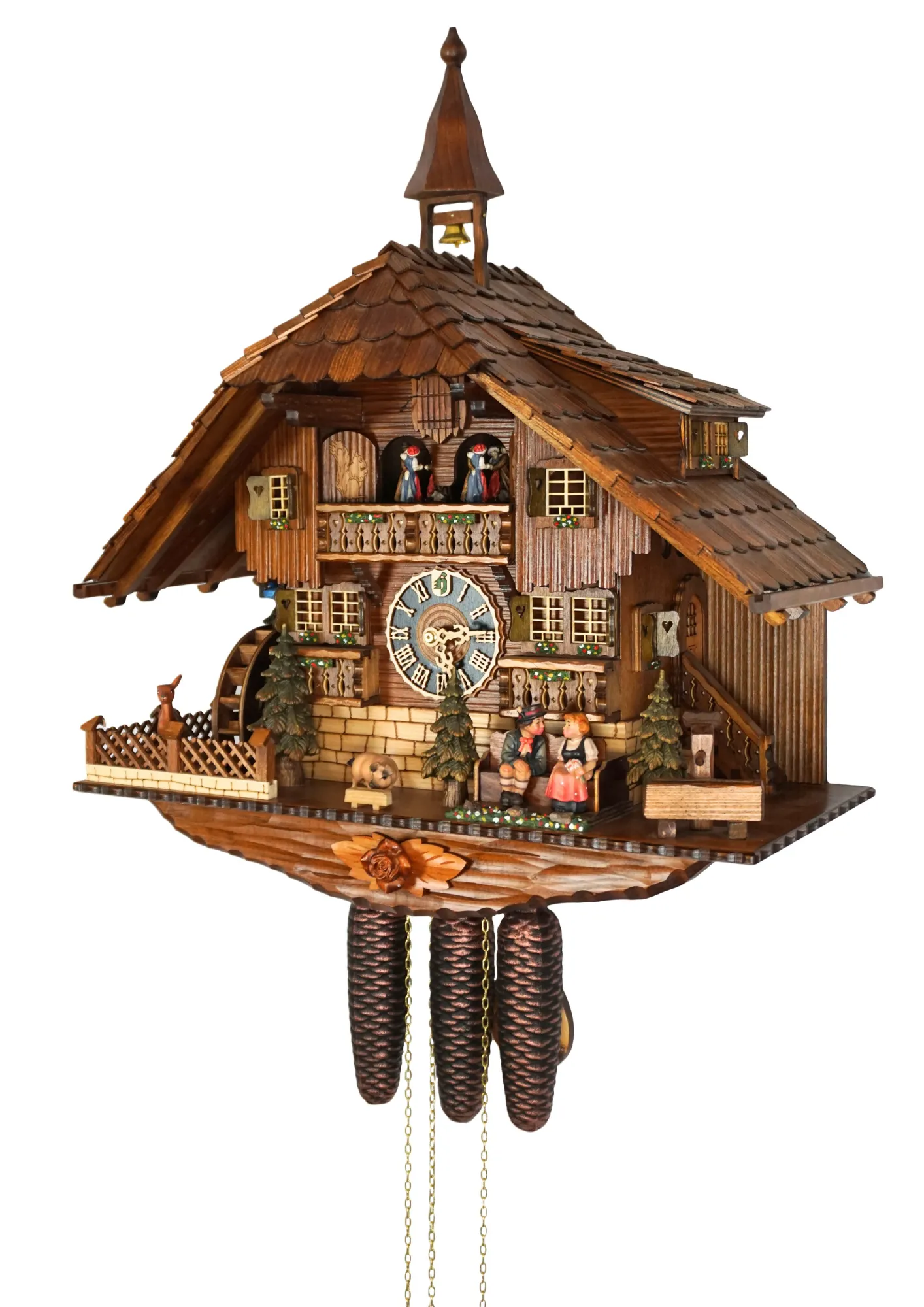 Cuckoo Clock  Honeymoon  8 Day Movement with Music (2) Large authentic chalet colorful black forest cuckoo clocks decorated to the finest detail. Represents a black forest couple on their honeymoon sitting on the bench in front of the shingle roof house. As the music plays the couple is kissing, water wheel t