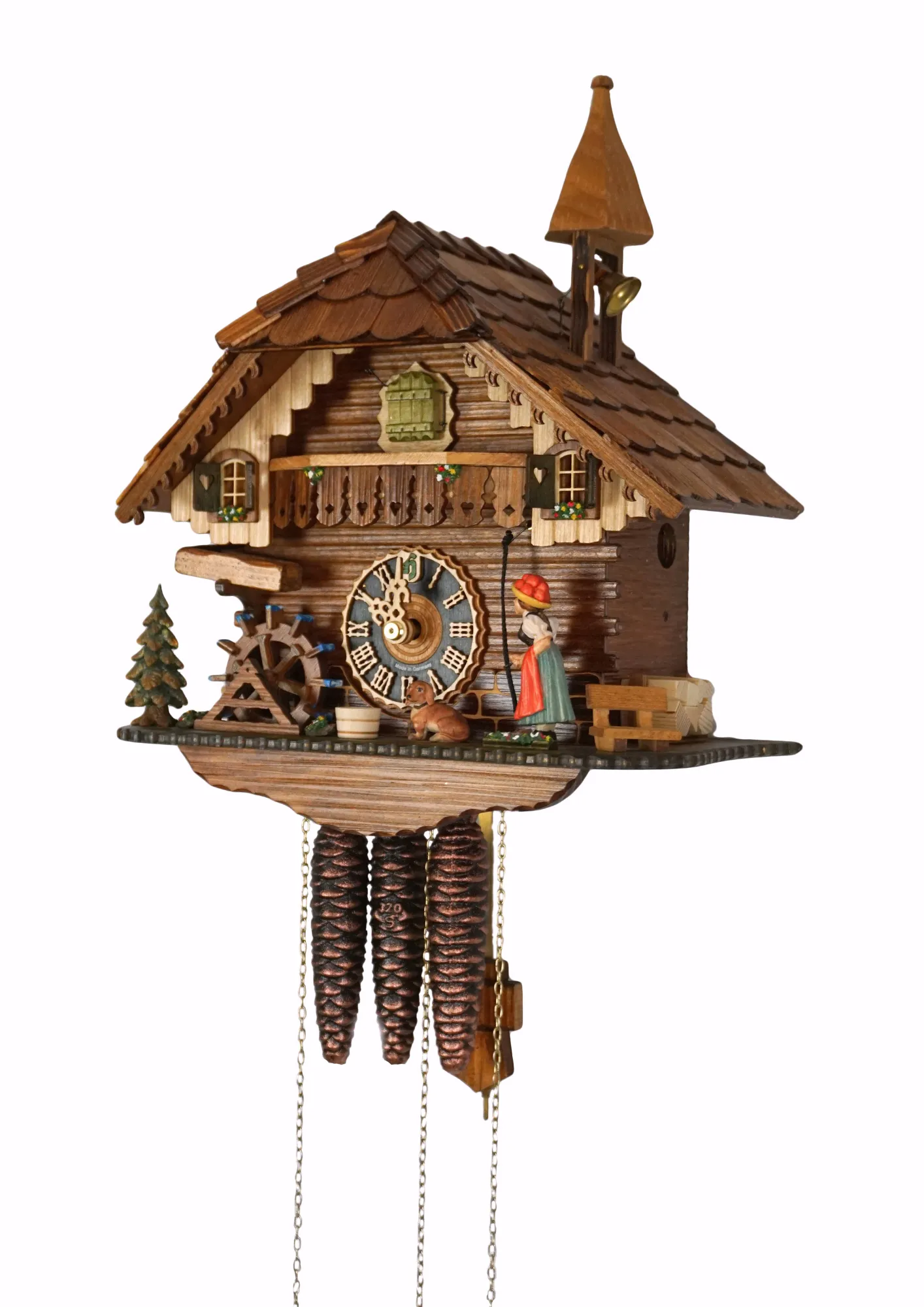 Cuckoo Clock  Bell Ringer Small  1 Day Movement with Music (2) Chalet style authentic mechanical black forest cuckoo clock with shingle roof, church tower bell and black forest lady wearing traditional clothing, the lady rings the bell together with the cuckoo sound, music plays and water wheel turns. This clock has