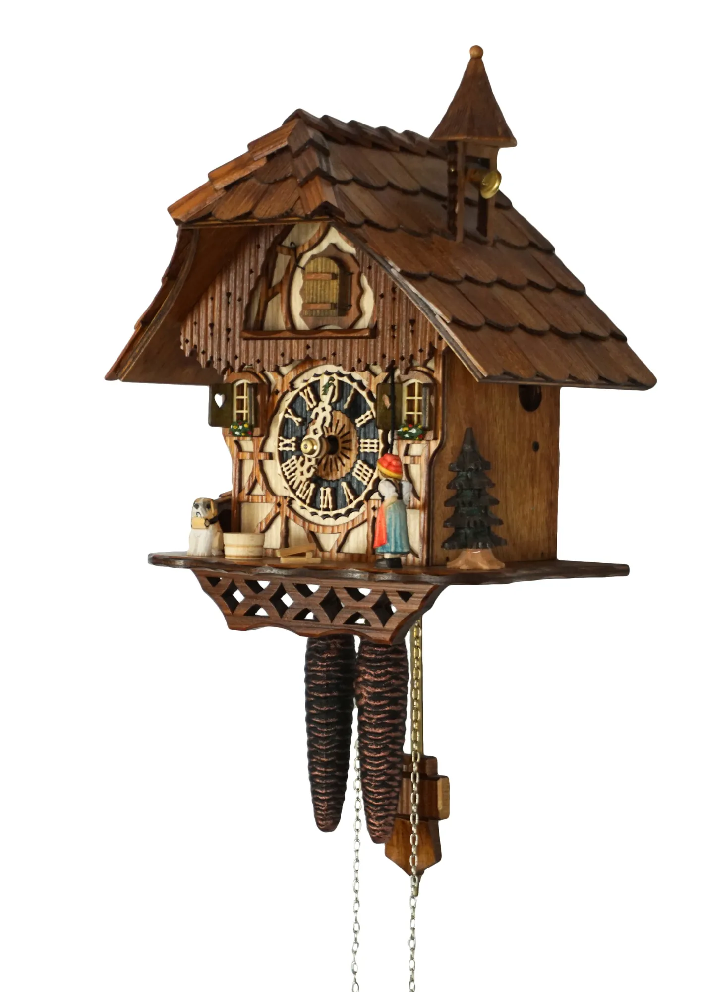 Cuckoo Clock  Bell Ringer  1 Day Movement (1) Chalet colorful authentic black forest cuckoo clock with a nice shingle roof and a lady wearing traditional black forest clothing and rings the bell every hour made by Hönes