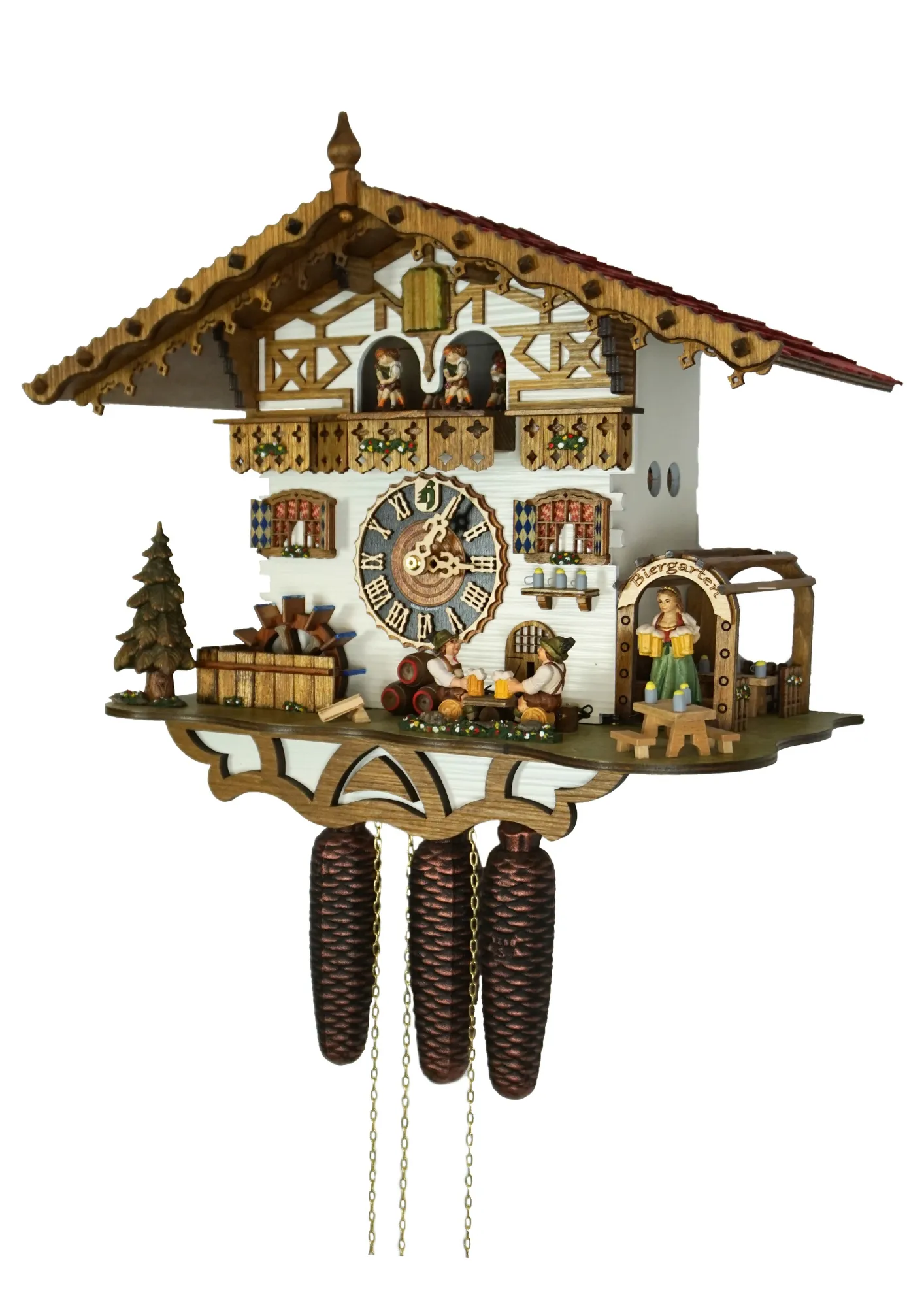 Cuckoo Clock  The Beer Garden  8 Day Movement with Music (2) Bavarian-style house to celebrate the infamous Oktoberfest. Blue and white shutters on the windows represent Bavaria. Around the clock, there are two men drinking beer and a lady wearing a dirndl dress, serving. The cuckoo calls every half hour and plays