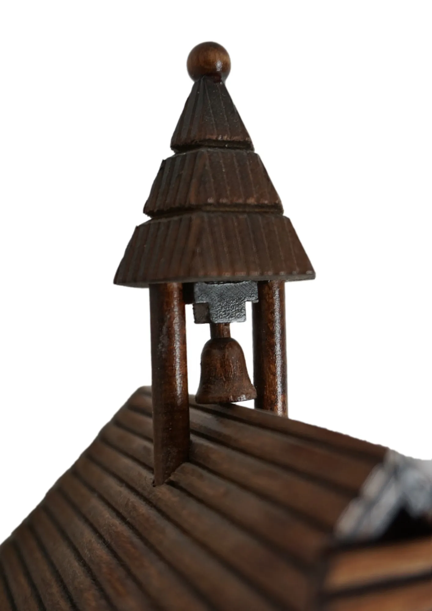 8 day mechanical black forest cuckoo clock in brown color with colorful figures from Heidi storyline, Heidi, grandpa and Peter are standing in front of the clock named Heidi House. Made by Hönes
