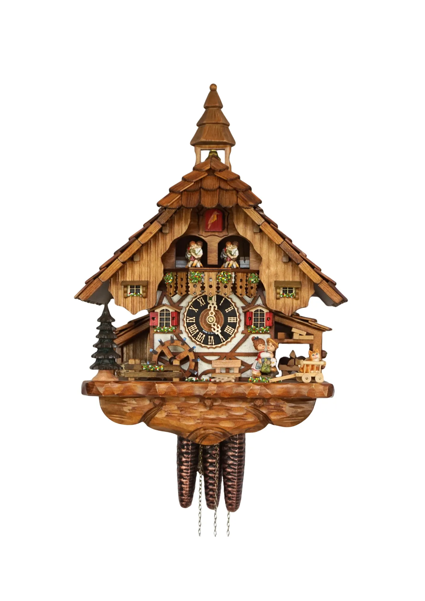 Cuckoo Clock  Kissing Kids with Music  1 Day Movement (1) Original black forest mechanical cuckoo clock carved to the finest detail, decorated with shingle roof, church tower bell, dancing and kissing kids and much more, plays music