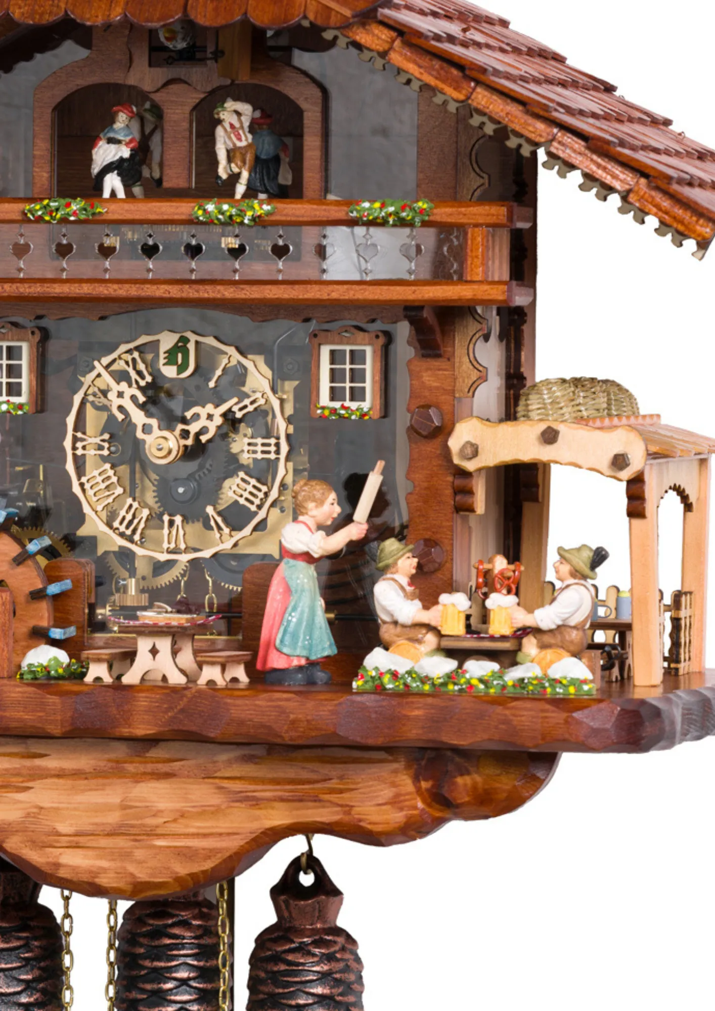 Cuckoo Clocks  Rolling Pan and Beer Drinkers  8 Day Movement with Music (3) Authentic mechanical large coloful black forest cuckoo clock with transparent plexiglass and visible inside movement. It displays two beer drinkers in the beer garden and the lady with a rolling pin. As the music is playing dancers dance, water wheel turn