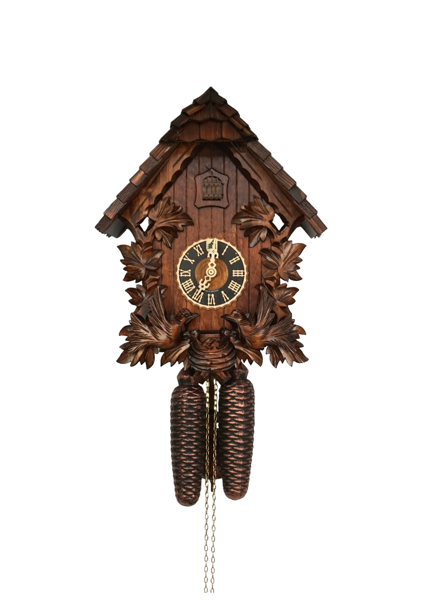 Hand carved mechanical 8 days black forest cuckoo clock with unusual design, while the frame is decorated in traditional style, the roof is covered in shingles. Two birds at the front are moving every time cuckoo comes out and feeding the offspring in the