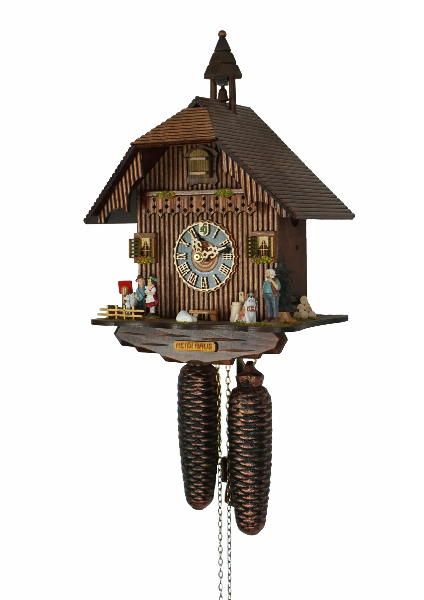 Cuckoo Clock  Heidi House  8 Day Movement (2) 8 day mechanical black forest cuckoo clock in brown color with colorful figures from Heidi storyline, Heidi, grandpa and Peter are standing in front of the clock named Heidi House. Made by Hönes