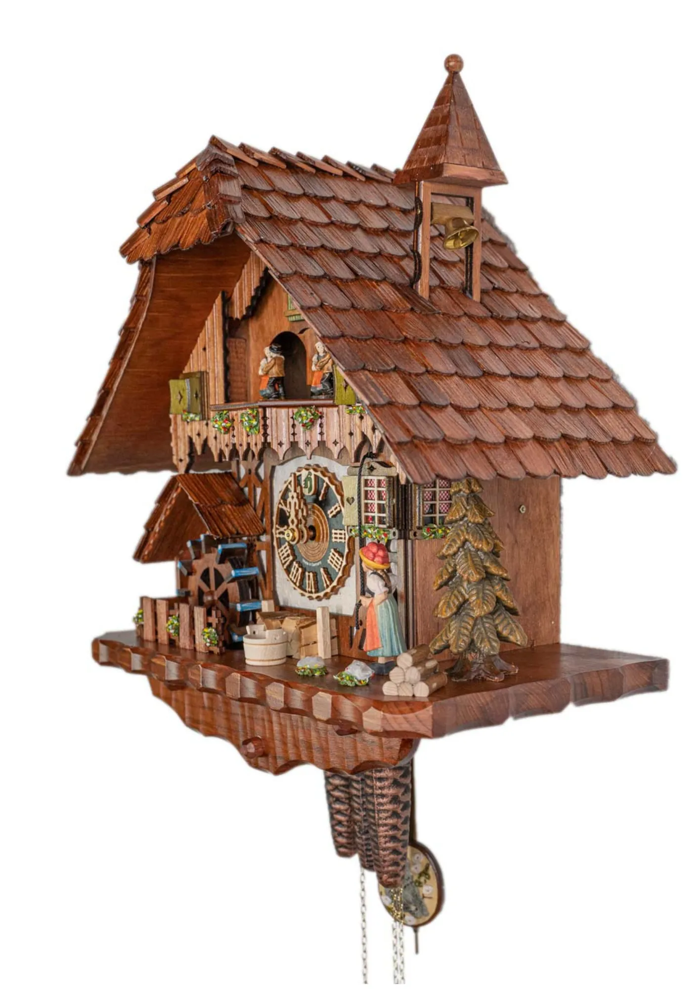 Cuckoo Clock  Bell Ringer, Cottage House  1 Day Movement  Music (3) Cottage brown-white mechanical black forest cuckoo clock with black forest lady in traditional dress with bollenhut ringing the house bell, while music is being played dancers dance and water wheel turn. made by Hönes