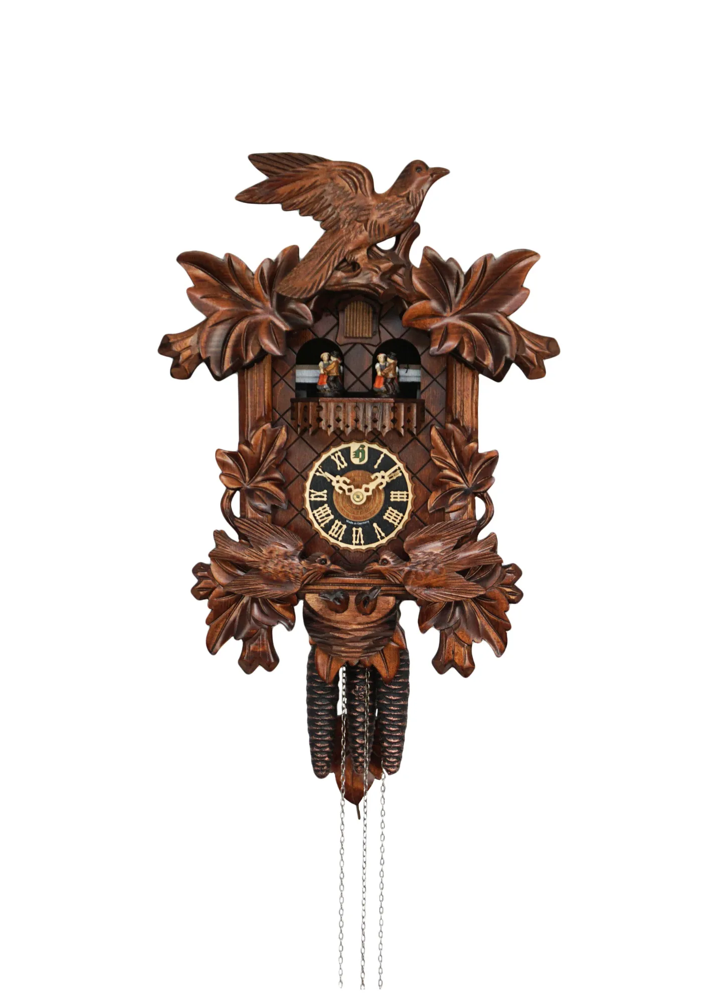 Cuckoo Clock  Traditional, Moving Birds  1 Day Movement  with Music (1) Traditional hand carved black forest mechanical cuckoo clock with music, decorated with two birds moving and feeding the offspring in the nest, dancers dance with music