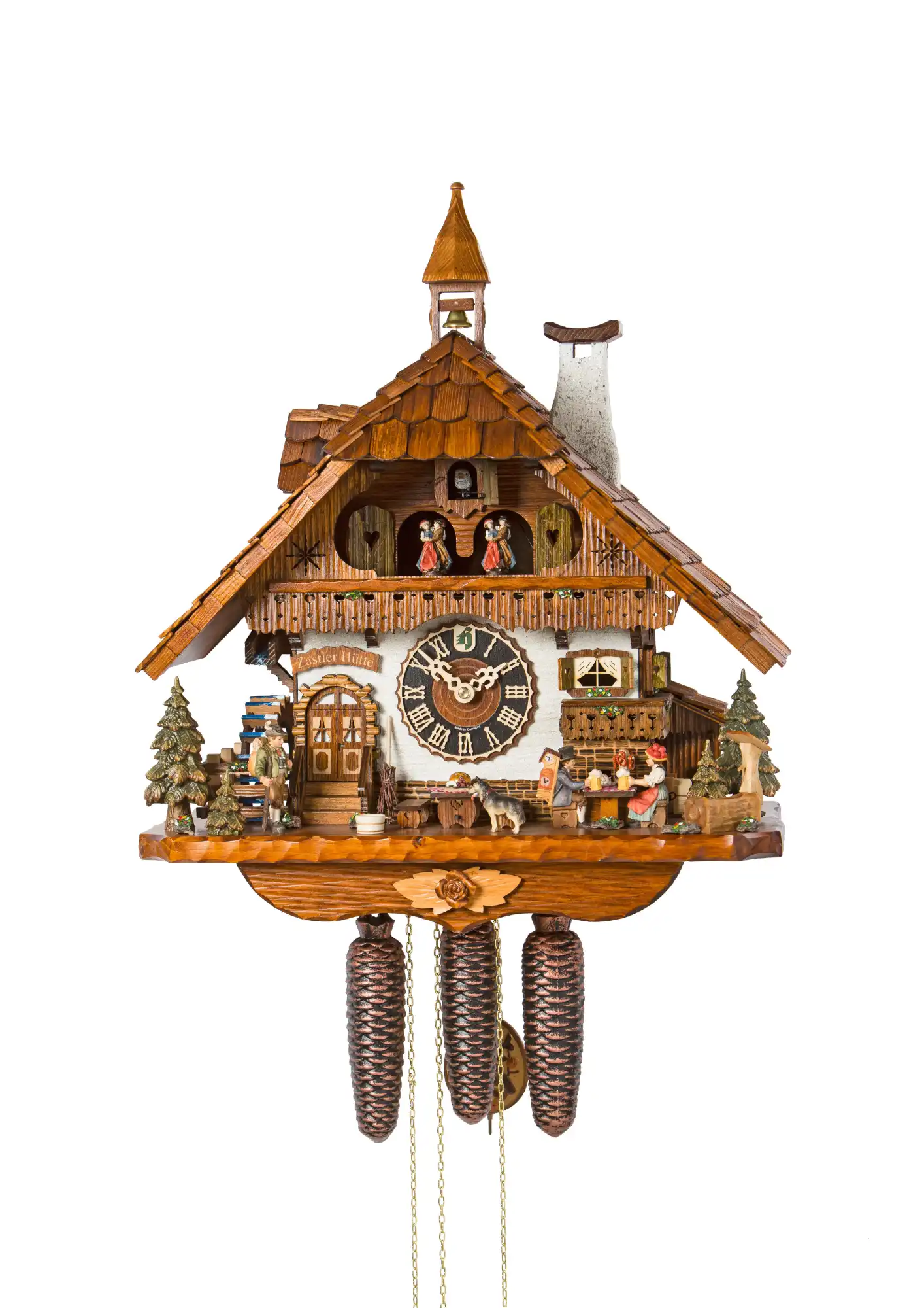 Large chalet mechanical colorful black forest cuckoo clock decorated to the finest detail with wonderer, clock salesman and young lady figures. The lady wears traditional Black Forest dress with red bollenhut which means she is single. Dancers dance, wate