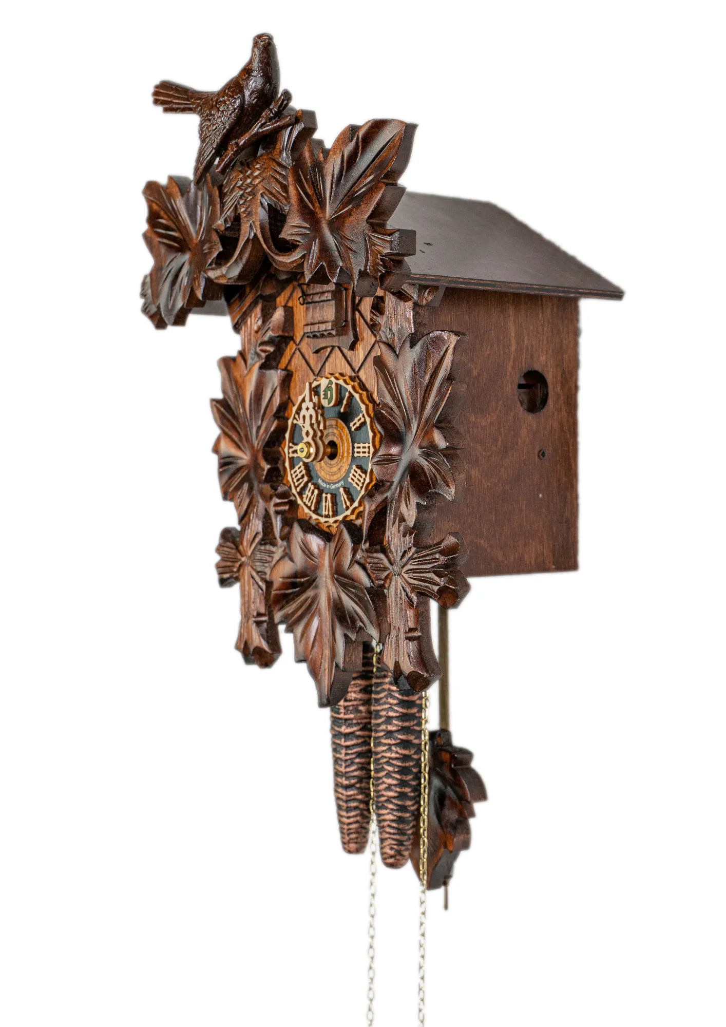 Cuckoo Clock  Traditional, Cuckoo Bird  1 Day Movement (3) Authentic mechanical brown black forest cuckoo clock with nicely carved cuckoo bird decorating the top made by Hönes