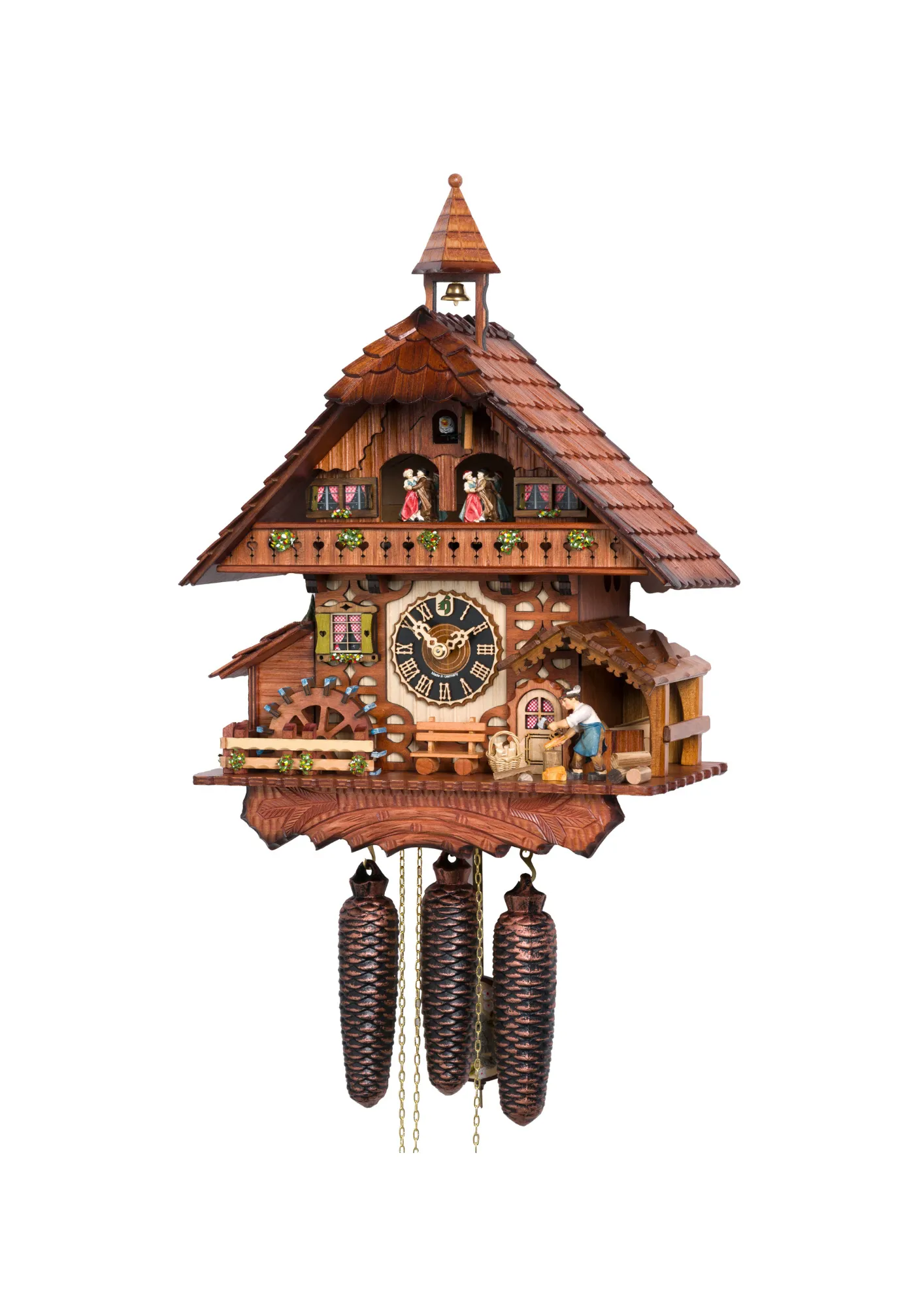 Cottage house black forest mechanical cuckoo clock with a wood chopper who chopps the wood as the music plays, water wheel turn and the dancers dance. Automatic night off system with 8 day movement