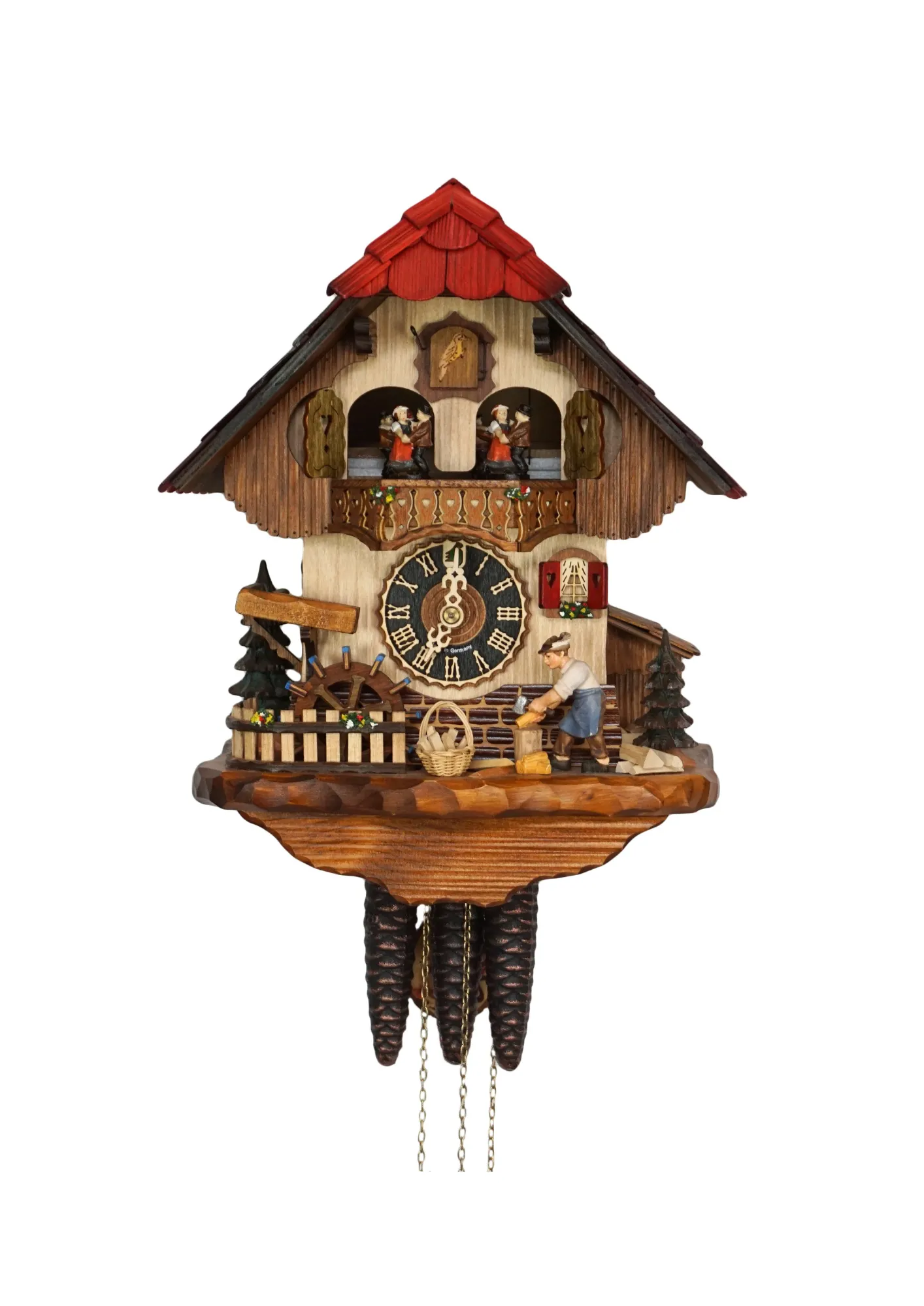 Cuckoo Clock  Wood Chopper  1 Day Movement with Music (1) chalet authentic black forest cuckoo clock with a red shingle roof and a wood chopper, as the music plays dancers dance, wood is being chopped and the water wheel turns, the clock is made by Hönes