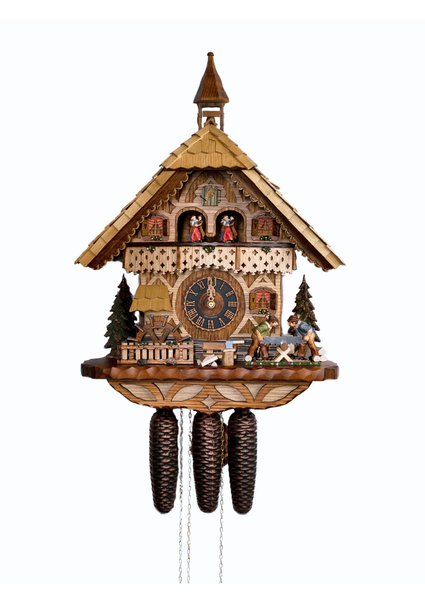 Cuckoo Clocks  Wood Sawyers  8 Day Movement with Music (1) Stunning chalet style shingle roof beige mechanical black forest cuckoo clock with music representing the wood works in the area. As the music plays wood sawyers are sawing the wood, water wheel turns and the dancers dance. The clock has automatic night o