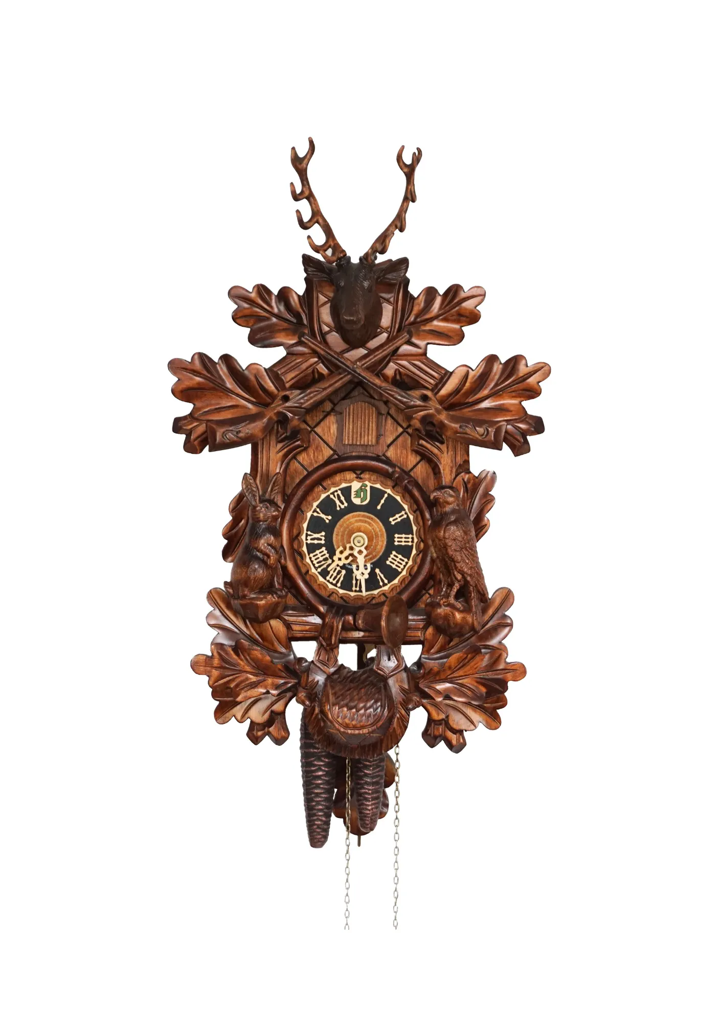 Cuckoo Clock  Hunter Clock  1 Day Movement (1) Hand carved traditional style brown mechanical black forest cuckoo clock with a hunting theme, decorated with deer head, rabbit and falcon
