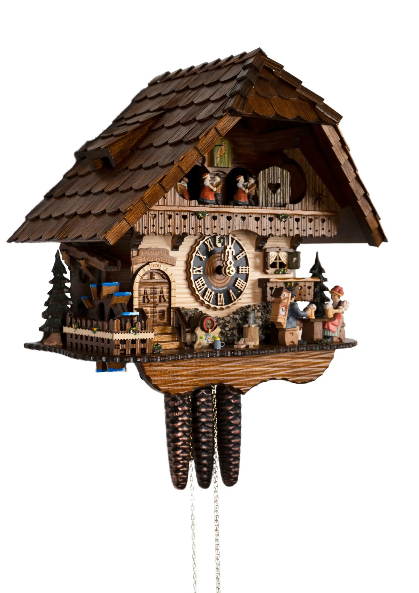 Cuckoo Clock  Hofgut Sternen  1 Day Movement with Music (2) Lovely black forest mechanical cuckoo clock with a beer a black forest lady in tradtional dress together with cuckoo clock salesman drinking a beer in front of the chalet house that carries our name Hofgut Sternen. As the music plays they hit beer steins