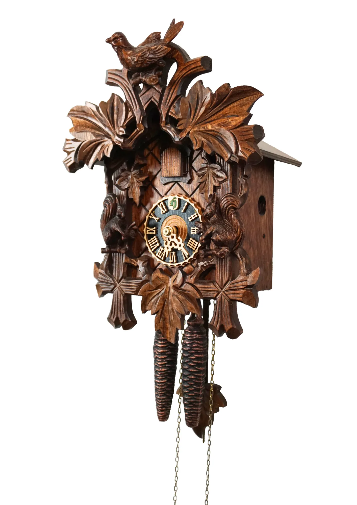 Cuckoo Clock  Wildlife  1 Day Movement (2) Hand carved traditional mechanical brown black forest cuckoo clock with squirrels and cuckoo bird carvings made by Hönes