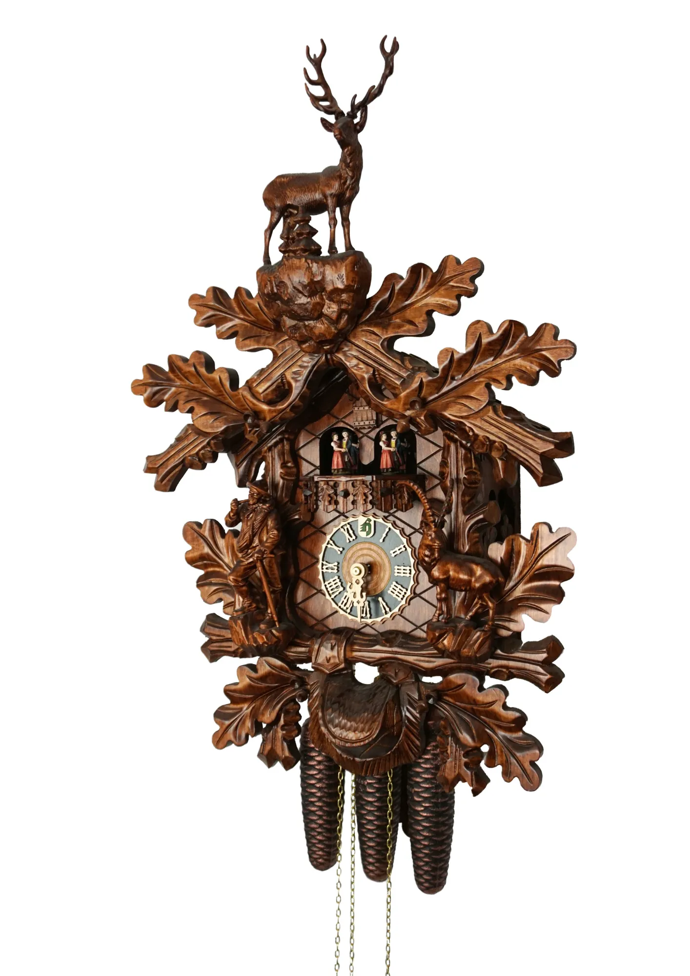 Cuckoo Clock  Black Forest Wildlife  8 Day Movement with Music (2) Large authentic traditional style brown mechanical black forest cuckoo clock precisely hand carved to the finest detail. Representing black forest wildlife with an oak leaves decorating the whole clock, deer overlooking the forest on top, ox and the rock