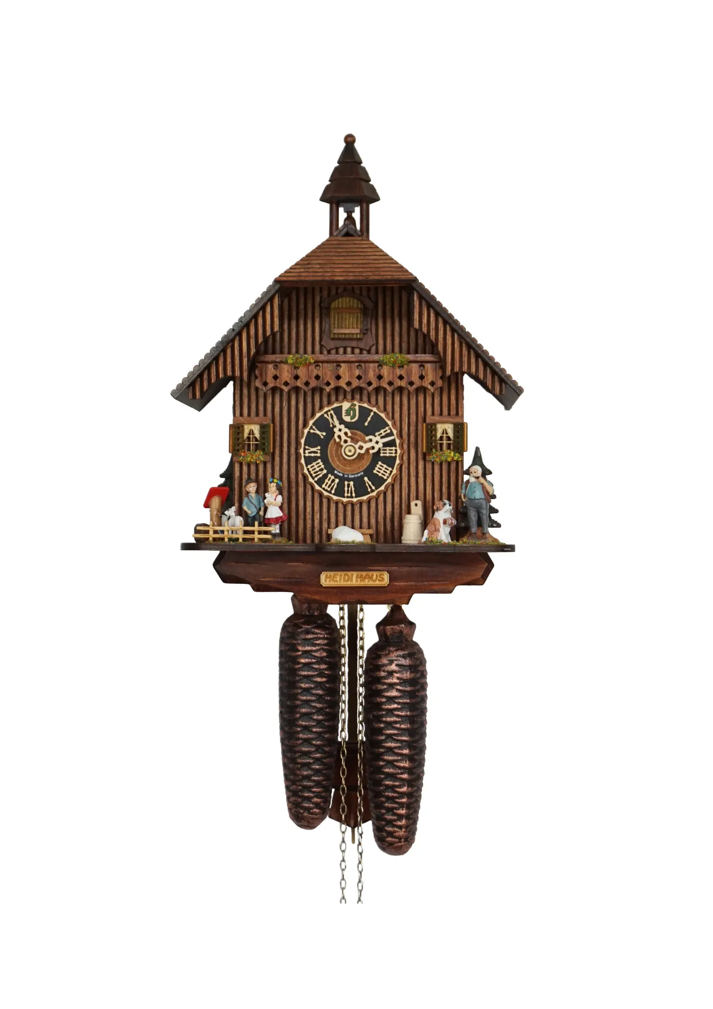 Cuckoo Clock  Heidi House  8 Day Movement (1) 8 day mechanical black forest cuckoo clock in brown color with colorful figures from Heidi storyline, Heidi, grandpa and Peter are standing in front of the clock named Heidi House. Made by Hönes