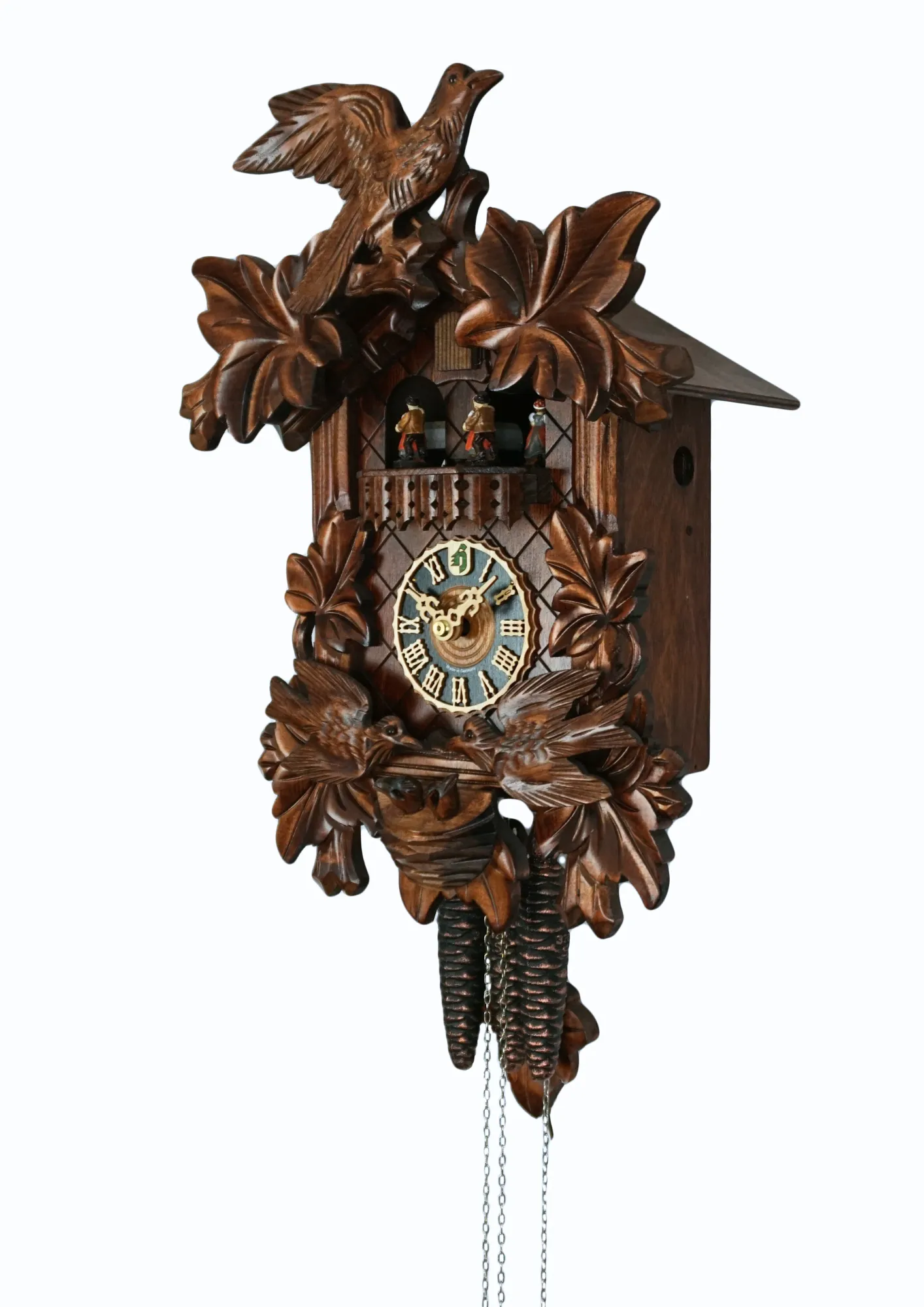 Cuckoo Clock  Traditional, Moving Birds  1 Day Movement  with Music (2) Traditional hand carved black forest mechanical cuckoo clock with music, decorated with two birds moving and feeding the offspring in the nest, dancers dance with music