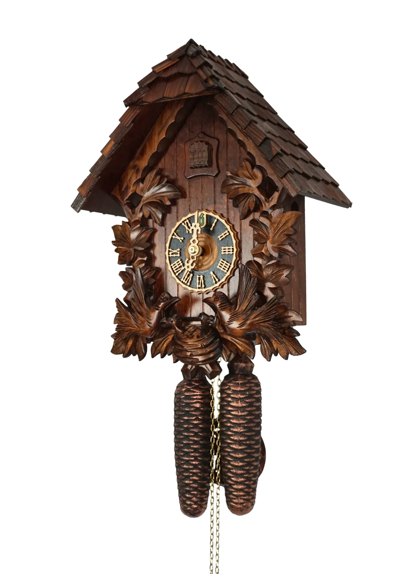 Cuckoo Clock  Moving Birds  8 Day Movement  (2) Hand carved mechanical 8 days black forest cuckoo clock with unusual design, while the frame is decorated in traditional style, the roof is covered in shingles. Two birds at the front are moving every time cuckoo comes out and feeding the offspring in the