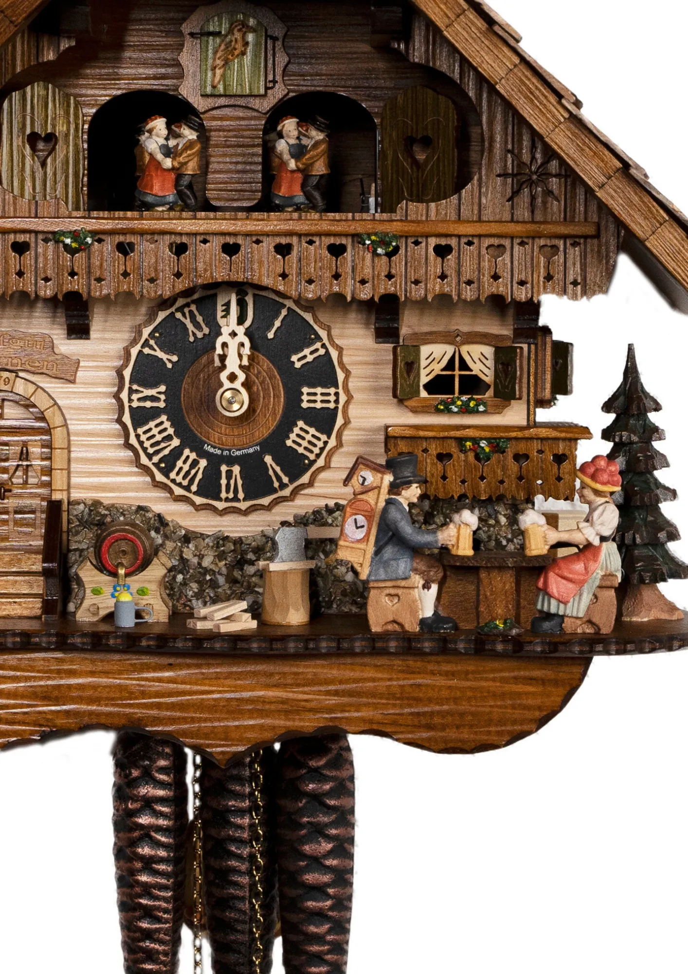Cuckoo Clock  Hofgut Sternen  1 Day Movement with Music (3) Lovely black forest mechanical cuckoo clock with a beer a black forest lady in tradtional dress together with cuckoo clock salesman drinking a beer in front of the chalet house that carries our name Hofgut Sternen. As the music plays they hit beer steins