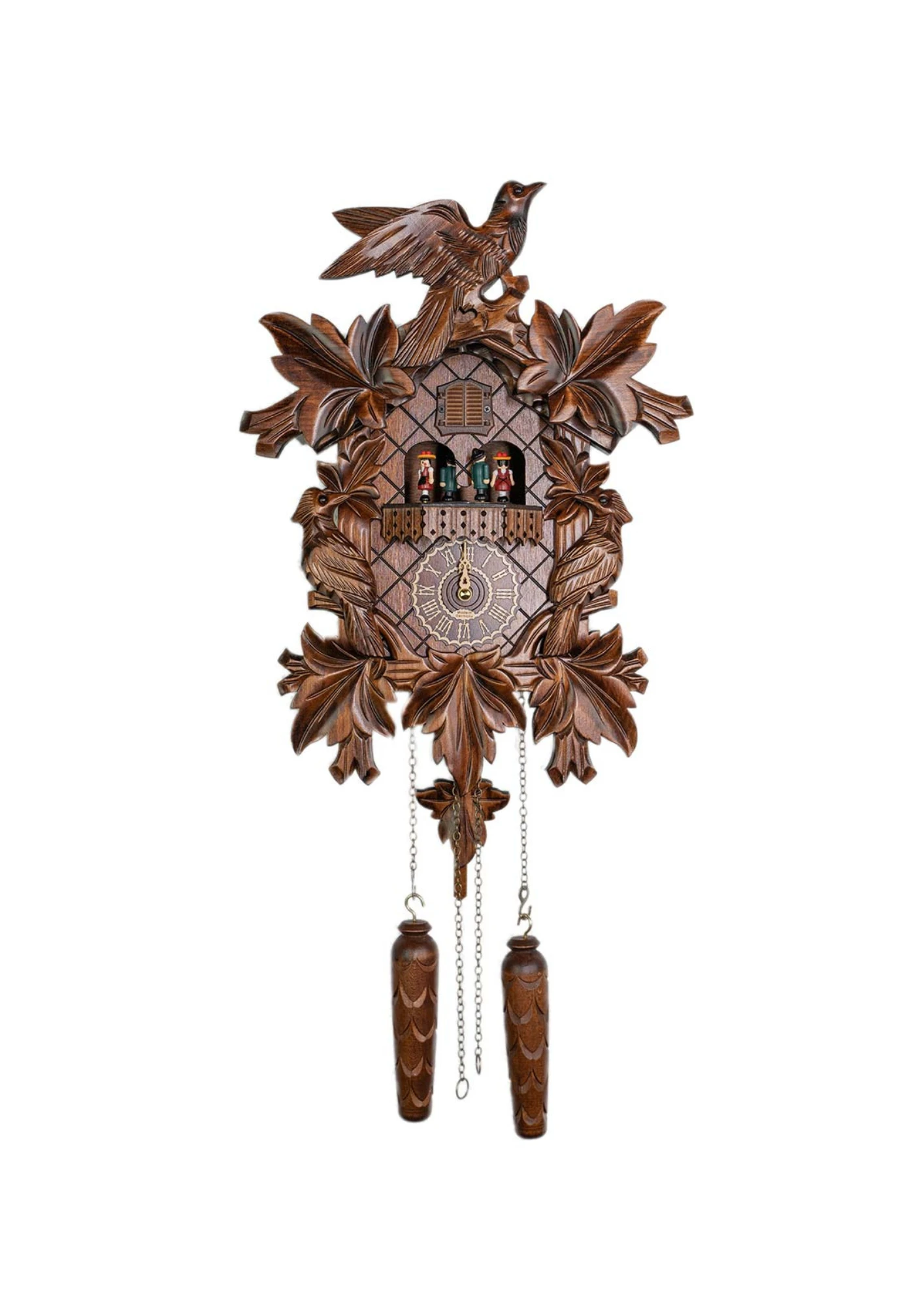 Cuckoo Clock  Traditional Style, Three Birds  Battery (1) traditional style carved cuckoo clock with ivy leaves and three birds decorating the clock, plays music and dancers turn made by Trenkle Uhren